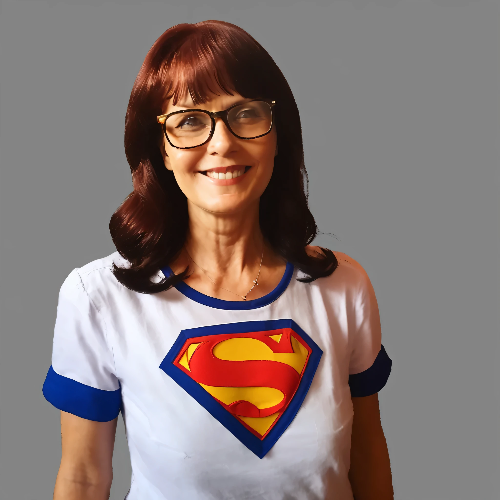 (masterpiece, best quality:1.2), 1girl, solo, rika, years of age 50, blue eyes, styled and clothed as Lois Lane from Superman 1970, cinematic lighting, Ultra-Wide Angle, panorama, UHD, retina, masterpiece, super detail, award winning, best quality, 4K, ultra photo realistic, ultra photorealism, digital print", This prompt maintains the detailed and high-quality aspects while incorporating the specific style and clothing of Lois Lane from the 1970s Superman.