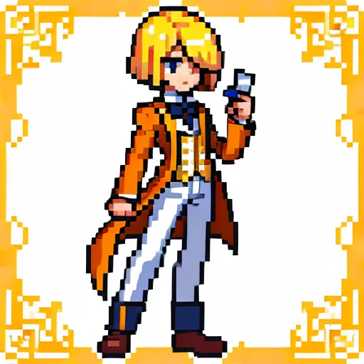 Pixel art, full body, facing left (important), alone, standing upright, long sleeve tuxedo with open front, boots. Hair color: Light medium blonde bob with parted bangs. He has several cards in his hand. Clothes: He wears an orange long-sleeved tuxedo with an open front and a yellow vest underneath. Trousers: white pants. Shoes: Yellow boots.