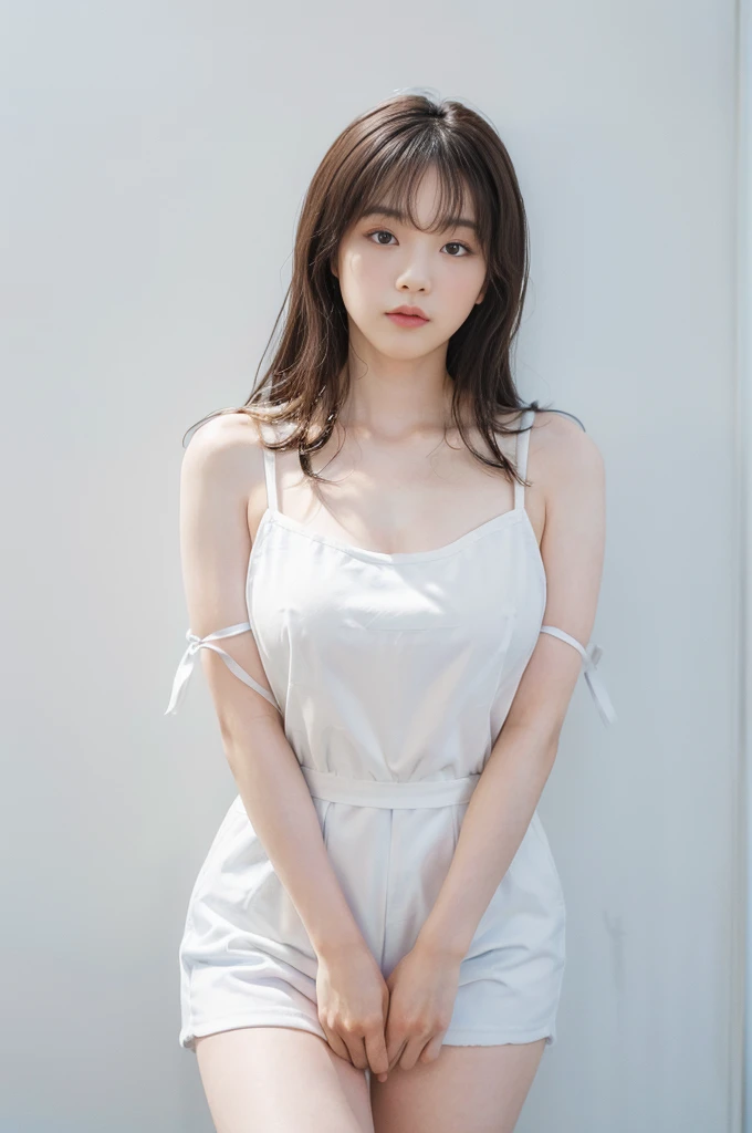 See-through tops、Big Breasts、Plump thighs、camisole、(背景にWhite wall、Some of her hair is sky blue:1.4)、White wall、In front of a white door、(窓のあるWhite wallの部屋)、((highest quality、8k、masterpiece:1.3))、Ultra-high resolution、(photoGenuineistic:1.4)、RAW Photos、Japanese,(face)、Genuine、Photographed in natural light、Highly detailed face and skin texture、Highly detailed lips、The correct state of the human body、Medium Hair、Black Hair、Mr.々A pose、Natural color lip