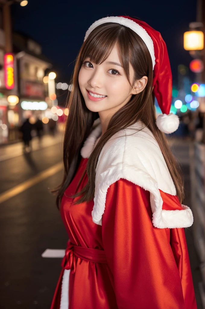masterpiece、1 beautiful girl、Fine grain、Puffy eyes、highest quality, 超A high resolution, (reality: 1.4), Cinema Lighting、Japanese、Asian Beauty、so beautiful、Beautiful Skin、thin、Body facing forward、(超reality的な)、(High resolution)、(8k)、(Very detailed)、(beautiful Fine grains)、(Very detailed)、 (wall-)、Detailed face、Bright lighting、Professional Lighting、Looking at the audience、Look straight ahead、Long sleeve santa claus costume、Long Hair, Asymmetrical bangs, 、Night view、Brown Hair、Japanese Idols、Korean Idol、Fiery idol pose、、23 years old、expensive, smile, Nagasaki City、A bustling Christmas night town、Snowy town