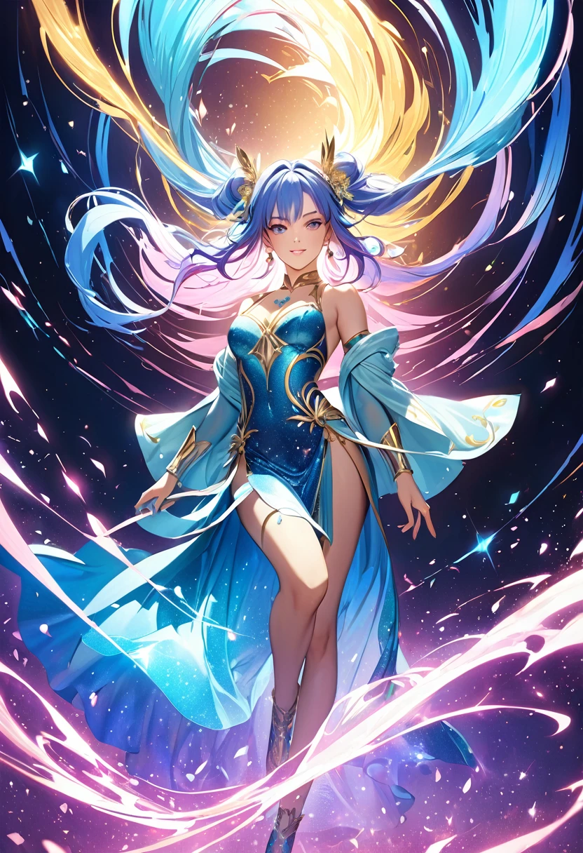 (masterpiece, best quality:1.1),
(ultra highres, ultra-detailed:1.2) ,Japanese Gods,scene in which god and goddess use their magical powers to create a new god,blue aura,divine,beautiful effects,Alluring,dynamic pose,(Glitter:1.5) ,(colorful sparkle:1.5) ,