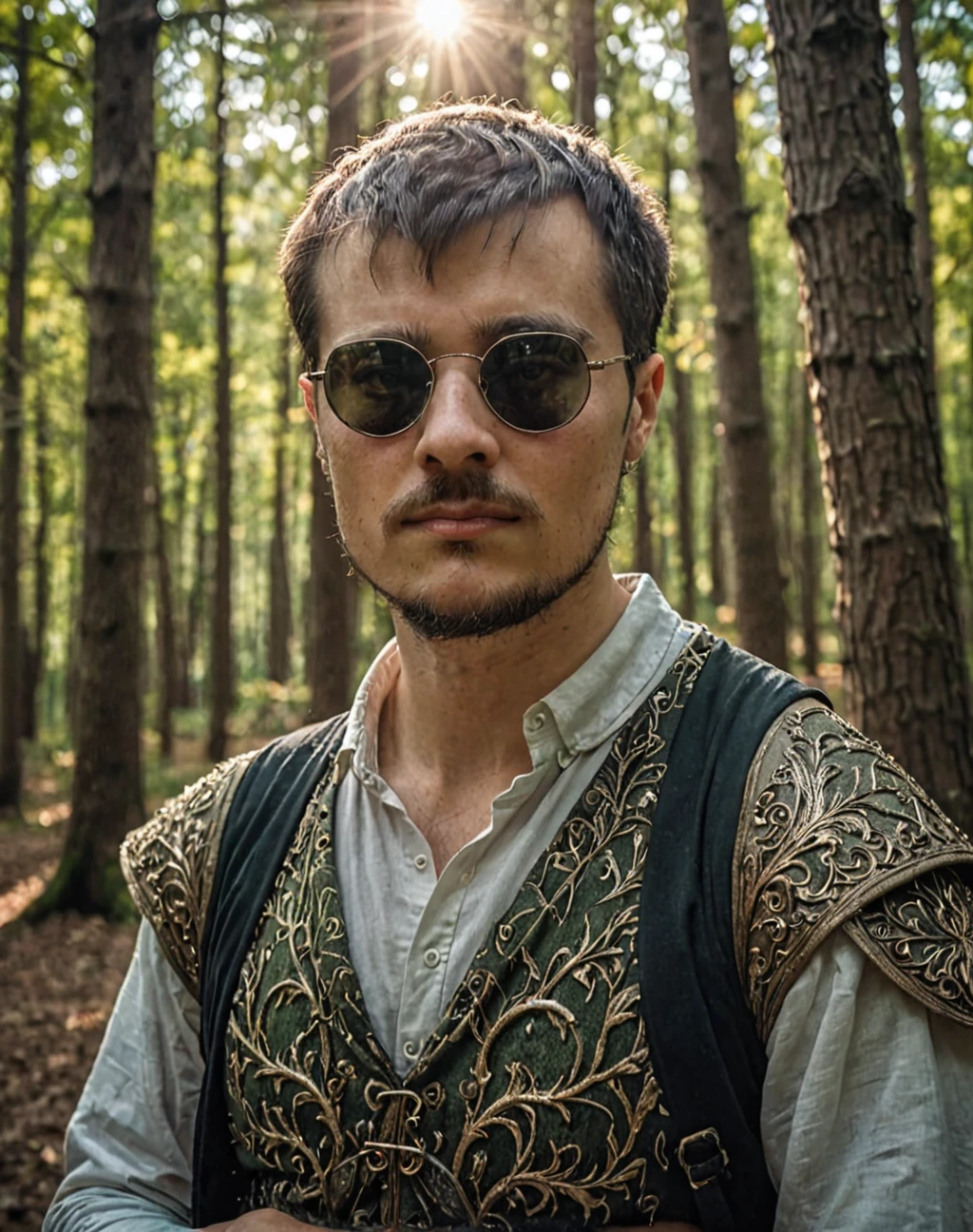 ErwanB with medieval sunglasses looks at the camera, he is in magical forest with a magical suit, cinematic light, universe, photorealistic, specular light, fantasy world, heroic fantasy, EOS R5, F2.8