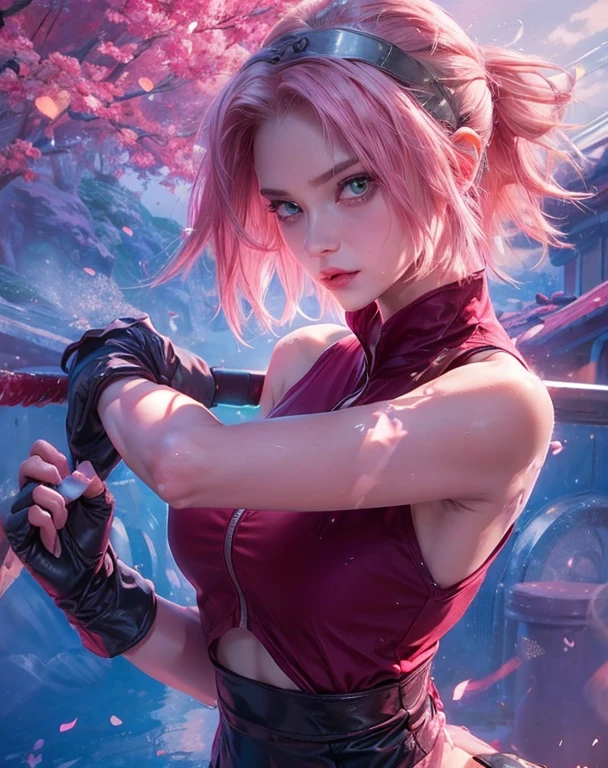 young woman, short shoulder-length pink hair, wide forehead, porcelain skin, pink eyebrows, big emerald green eyes, buttoned nose, full lips, heart-shaped face, slender body, small breasts, red tank top, Sakura Haruno , realistic, realism, details, 3d, well detailed