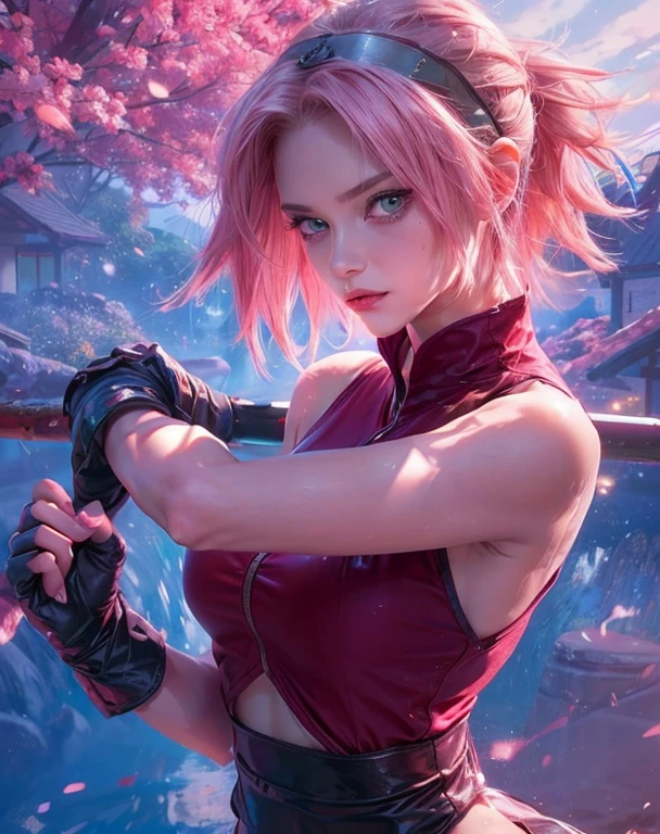 Sakura haruno, ((4k, masterpiece, high quality, detail)), short hair, Sleeveless red shirt, thigh black shorts, showing her armpits, squatting, showing her pussy, forest, ((nice)), anime Naruto shipudden