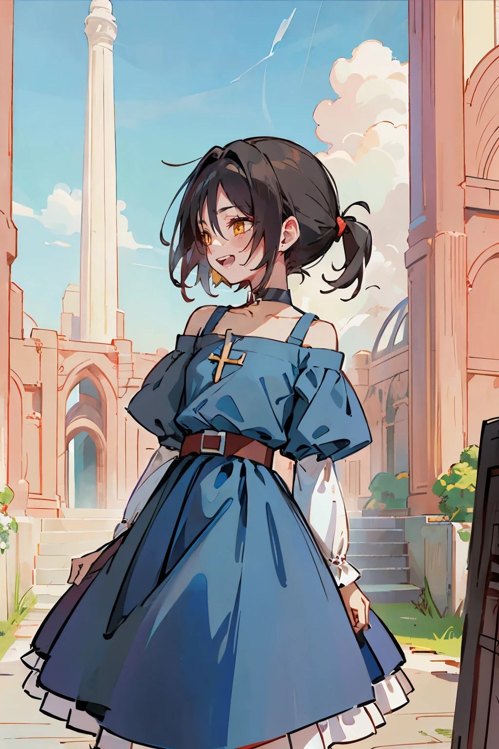 Hui Xiyi, Rekkyo Sensen, fantasy world, ruins, fort, beautiful sky, shining sky, sunshine, camisoles, belts, blue clothes, cross choker, wind blowing dress, lace dress, off-shoulder sleeves, dress