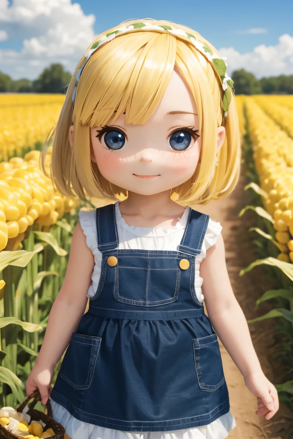 Photorealistic、Chibi Girl（Corn field、smile）