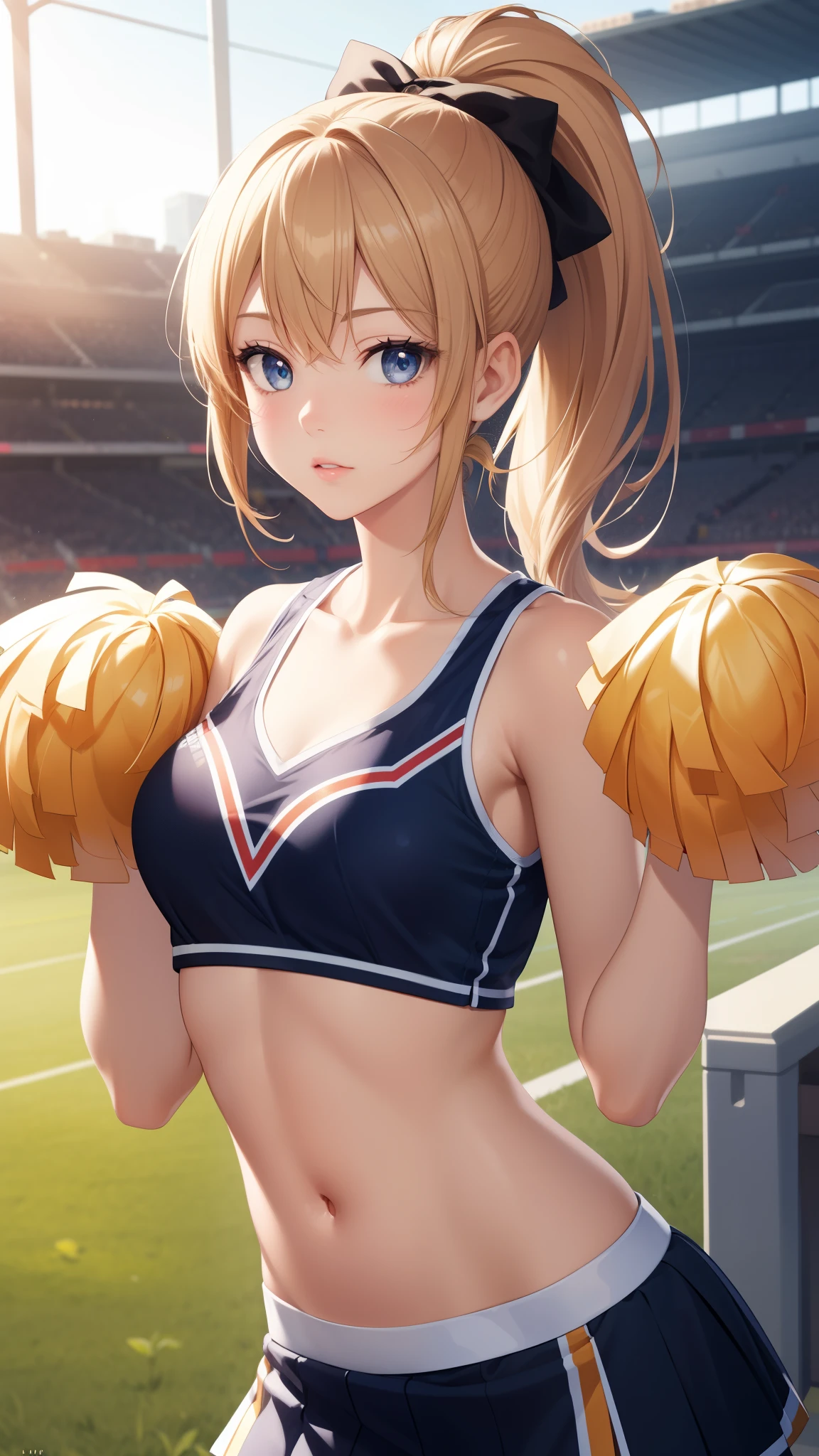 1girl, natural lighting, masterpiece, highly detailed, illustration, game CG, absurdres, high quality, beautiful detailed eyes, ponytail, bangs, glossy lips, collarbone, cheerleader, midriff, school field
