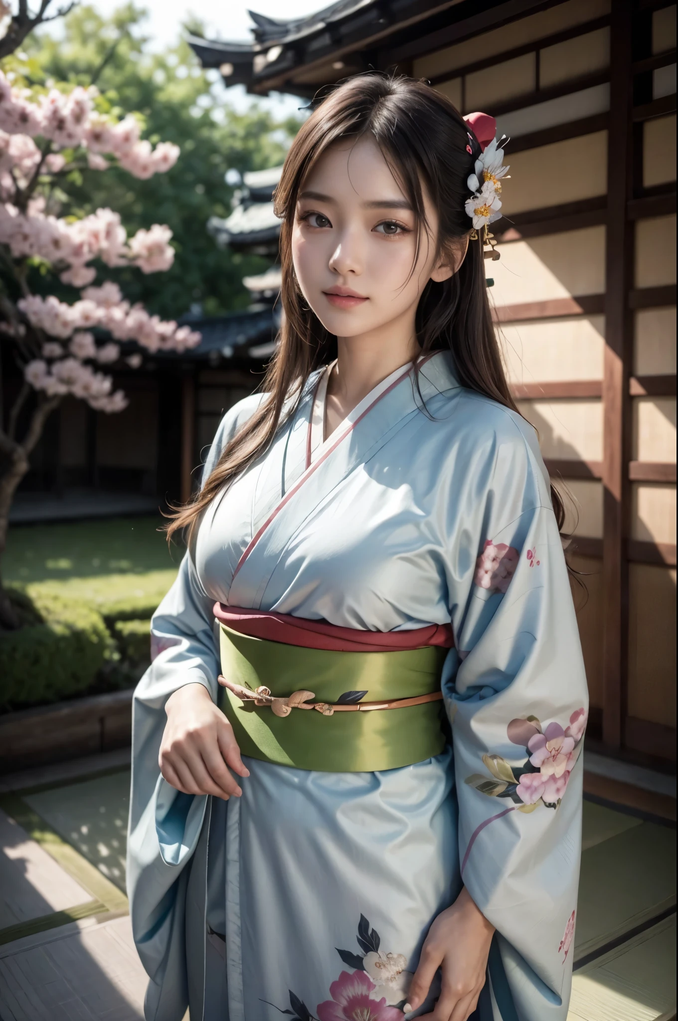 (masterpiece, highest quality, Realistic, High resolution, photograph, :1.3), Sharp focus, 1 Cute Japanese Girl, Hot Model, Highly detailed eyes and pupils, Realistic Skin, Highly detailed hair, Delicate face, Sensual look, Bright lips, Natural Lip, ((whole body shot)), standing pose, smile, (Kimono:1.5), (Floral:1.2), ((sash)), ((obi)), outside of home, (Japanese Style Country), full body,