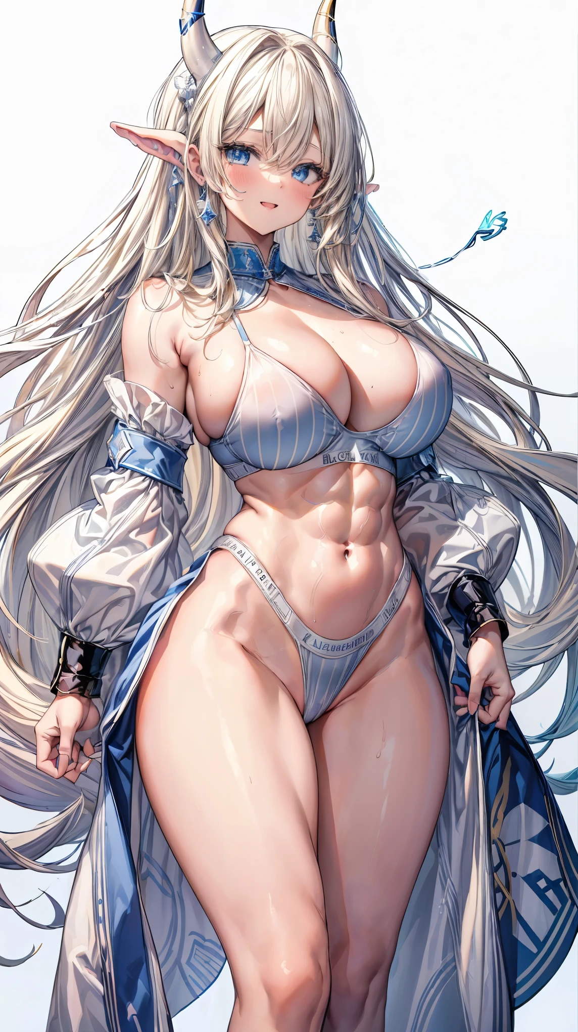 Very detailed、highest quality、Best image quality、masterpiece、8k、Sparkling blue eyes、Anime Face、A kind smile、Open your mouth、Big Breasts、Long blonde curly hair、(SFW Giant)、Cowboy Shot、(White Thong:1.5)、(Muscles of the whole body)、Horn、Professionally