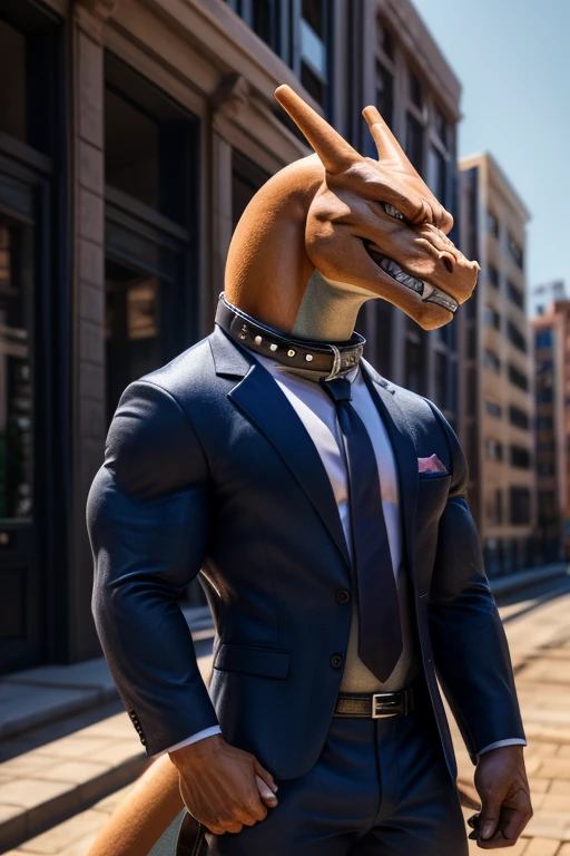 (best quality,4k,8k,highres,masterpiece:1.2),ultra-detailed,realistic:1.37,huge, muscular Charizard, bending legs, clenching teeth, clenching fists, flexing muscles, wearing a business suit with white shirt and red tie,navy-blue pants,shirt with buttons,shirt with dog collar,wearing a black leather dog collar,dog collar around the neck,silver studs around the collar, silver buckle fastening collar, long tail,smooth texture,sturdy posture,strong arms,bulging muscles,bright colors,sharp focus,natural lighting,physically-based rendering,bokeh,portrait,creature,animal,artistic style,wearing both a business suit and dog-collar at the same time.