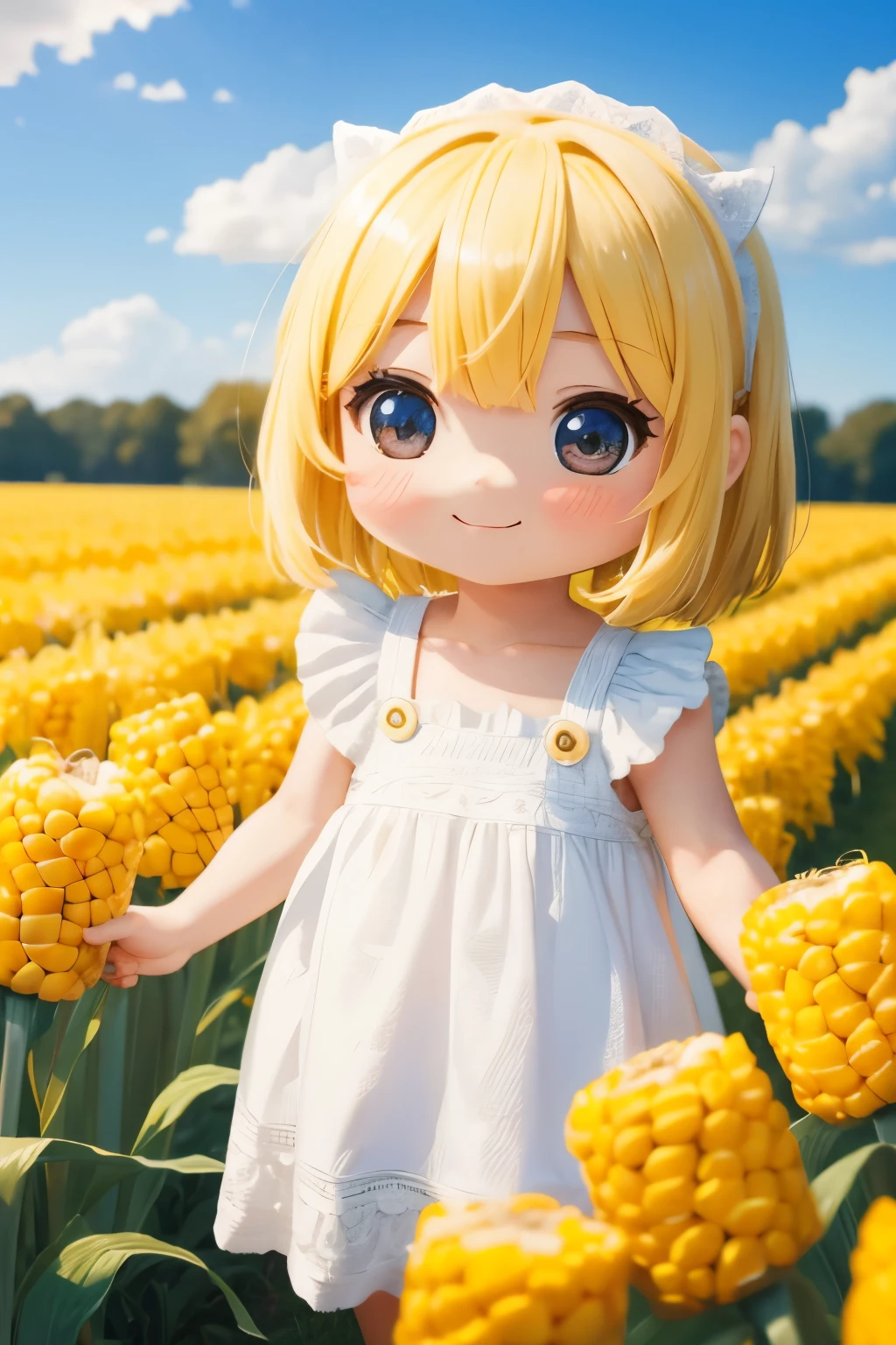 Photorealistic、Chibi Girl（Corn field、smile）