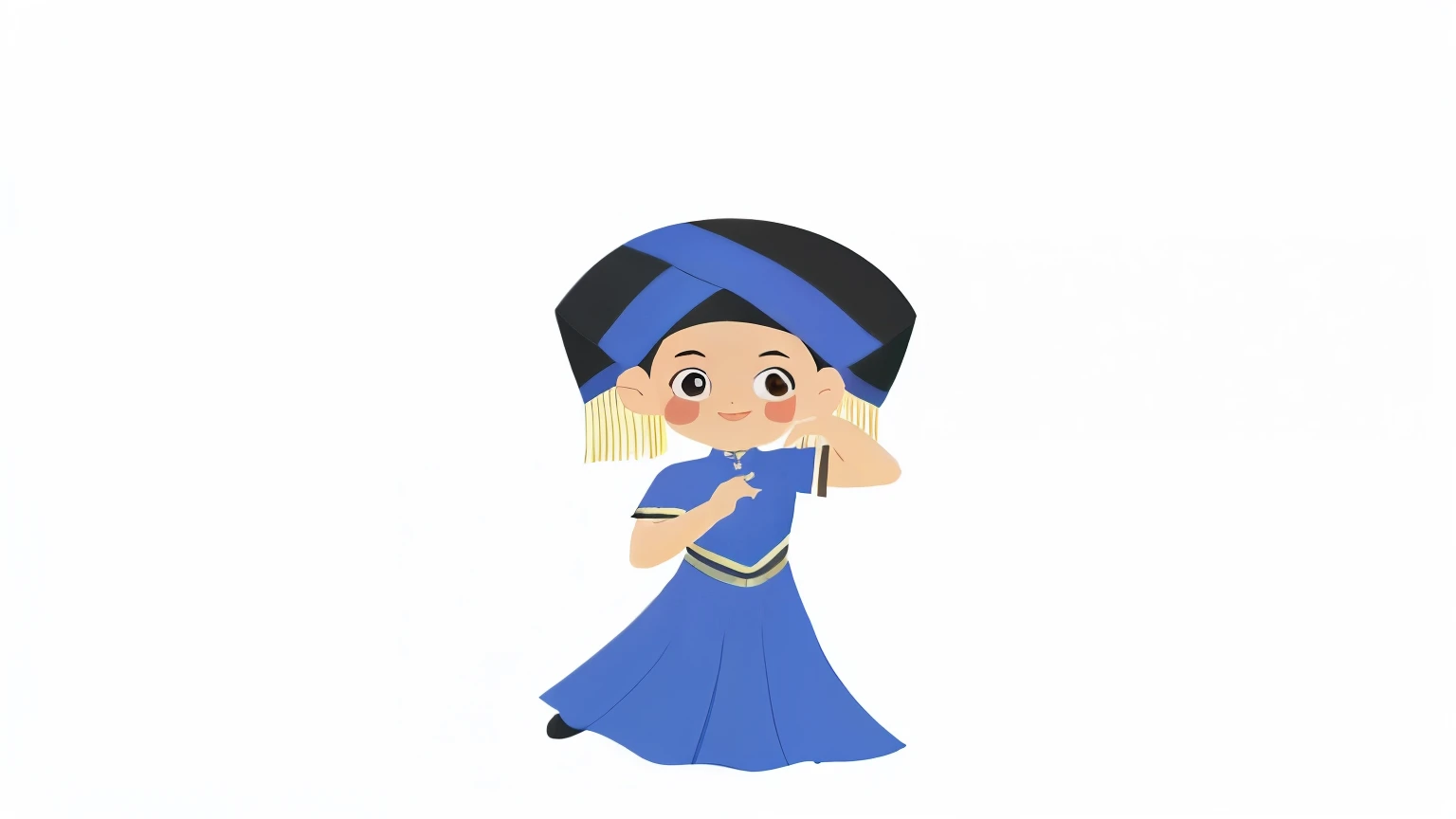 Wearing a blue dress、Wearing a blue and black headscarf、Cartoon Girl, dancing character,Girl wearing Hanfu, Traditional clothing, Traditional clothing, Traditional clothing, Cute playful poses of dancers, Animated Characters, in a blue qipao, Chinese Clothing, Chinese Girl,Three View,front,side,back