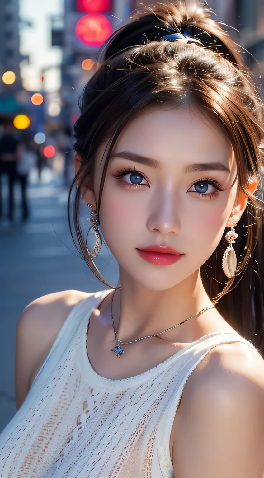 Urban beautiful girl college , masterpiece, light makeup, Red lips, Silver Hair, Disheveled long hair, Street background, beautiful, elegant. Extremely fine detail, Master Works, Authentic texture, Realism in film lighting, Perfect job, 16k, High resolution, exquisite features,blue eyes、Japanese Idols、Beautiful face、Cute Smile、Brown Hair、beautiful hair、ponytail、glamorous、 Big Breasts、Erect nipples、Greasy muscles、Shiny skin、Sunburned skin、Glowing dark skin、Sexy knitted sweaters, Bright big eyes, Smooth Skin, Earrings, necklace, tattoo