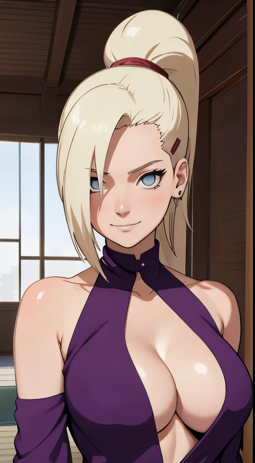Ino yamanaka, komono, nevando, sitted,Purple clothes,Off-the-shoulder attire,cleavage,ssmile,Be red in the face,inside in room,Close-up close-up,with a good figure