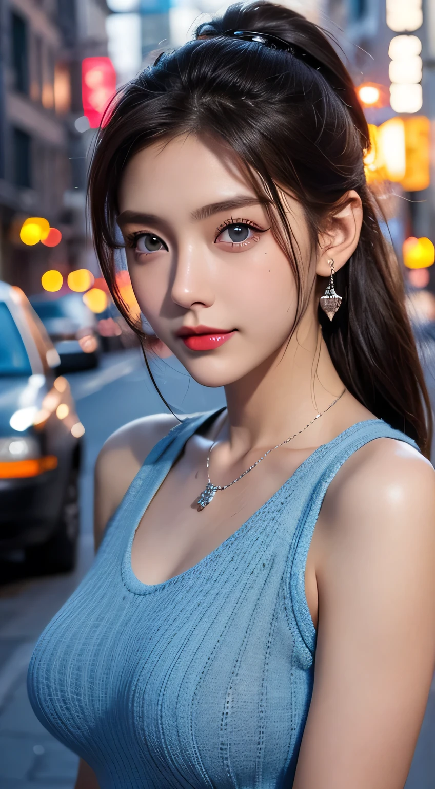 Urban beautiful girl college , masterpiece, light makeup, Red lips, Silver Hair, Disheveled long hair, Street background, beautiful, elegant. Extremely fine detail, Master Works, Authentic texture, Realism in film lighting, Perfect job, 16k, High resolution, exquisite features,blue eyes、Japanese Idols、Beautiful face、Cute Smile、Brown Hair、beautiful hair、ponytail、glamorous、 Big Breasts、Erect nipples、Greasy muscles、Shiny skin、Sunburned skin、Glowing dark skin、Sexy knitted sweaters, Bright big eyes, Smooth Skin, Earrings, necklace, tattoo