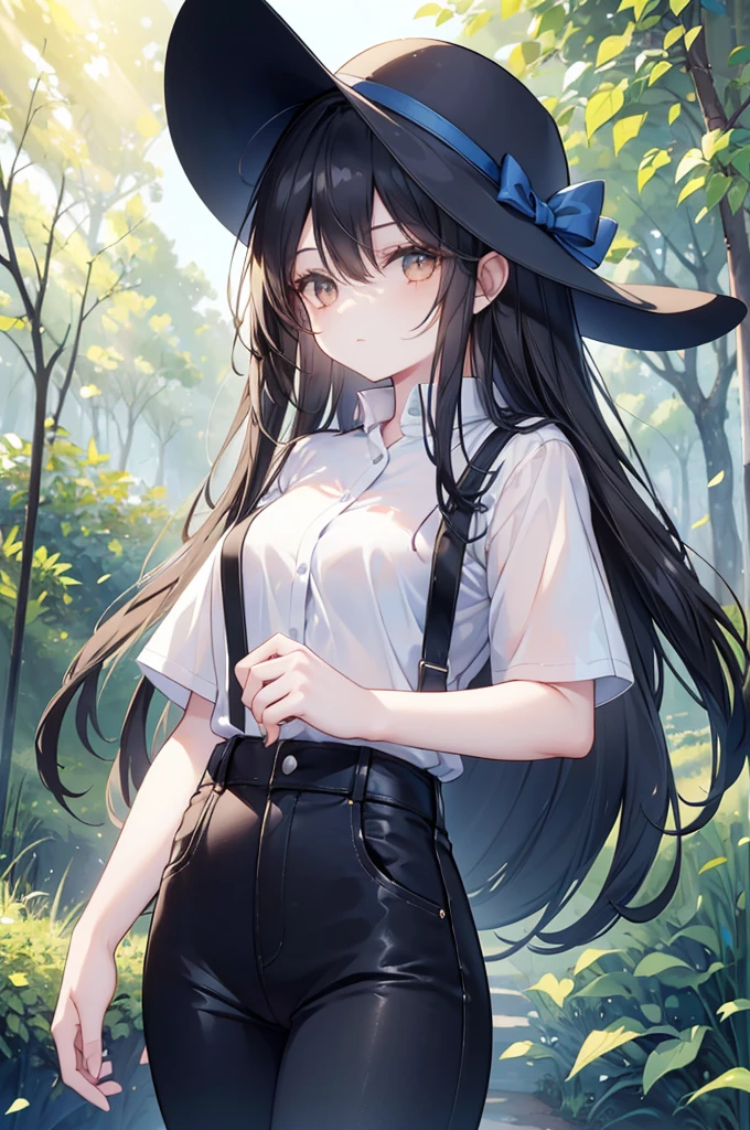 1girl,Brown eyes, long black hair, wearing black short sleeves, blue long jeans, and a blue peaked cap, holding the hat in his hand, leaning against a tree, holding the hat in his hand, on a grassland in the forest,bright golden sunlight, 8k, looking at viewer