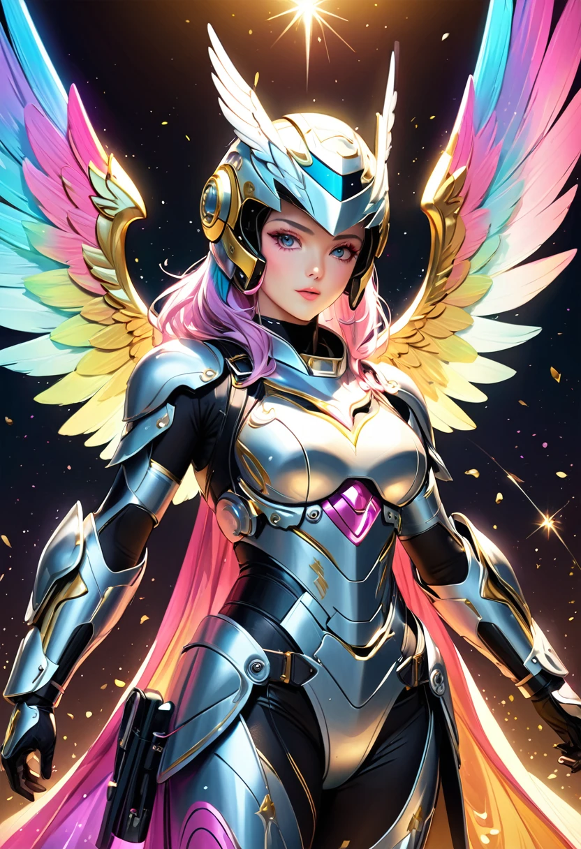 (masterpiece, best quality:1.1),
(ultra highres, ultra-detailed:1.2) ,God floating in the air,Bird-shaped helmet,Wings made of gold,rollerblade,Metallic Light Armor,divine,beautiful effects,dynamic pose,(Glitter:1.5) ,(colorful sparkle:1.5) ,