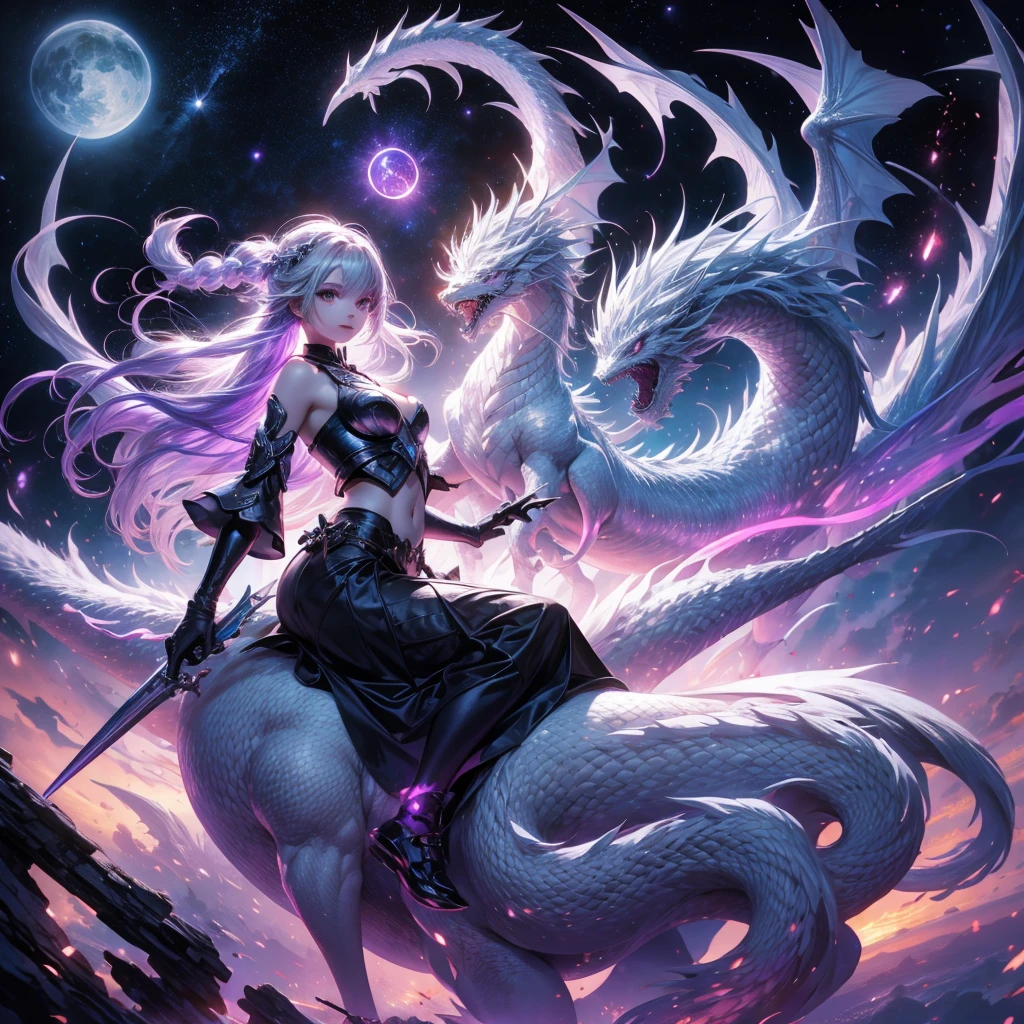 A couple is riding on the back of a white dragon、highest quality、Masterpiece、Official Art、Award-winning works、The best composition、A couple is riding on the back of a white dragon、Picture facing the viewer、god々Shii、yinji,1girl,solo, purple eyes, long hair, twin braids, purple hair, multicolored hair, elbow gloves, bangs, very long hair,bare shoulders, black skirt, grey hair, dress, smile, side cutout,covered navel, star、流star群、universe、A powerful white dragon in the background、
