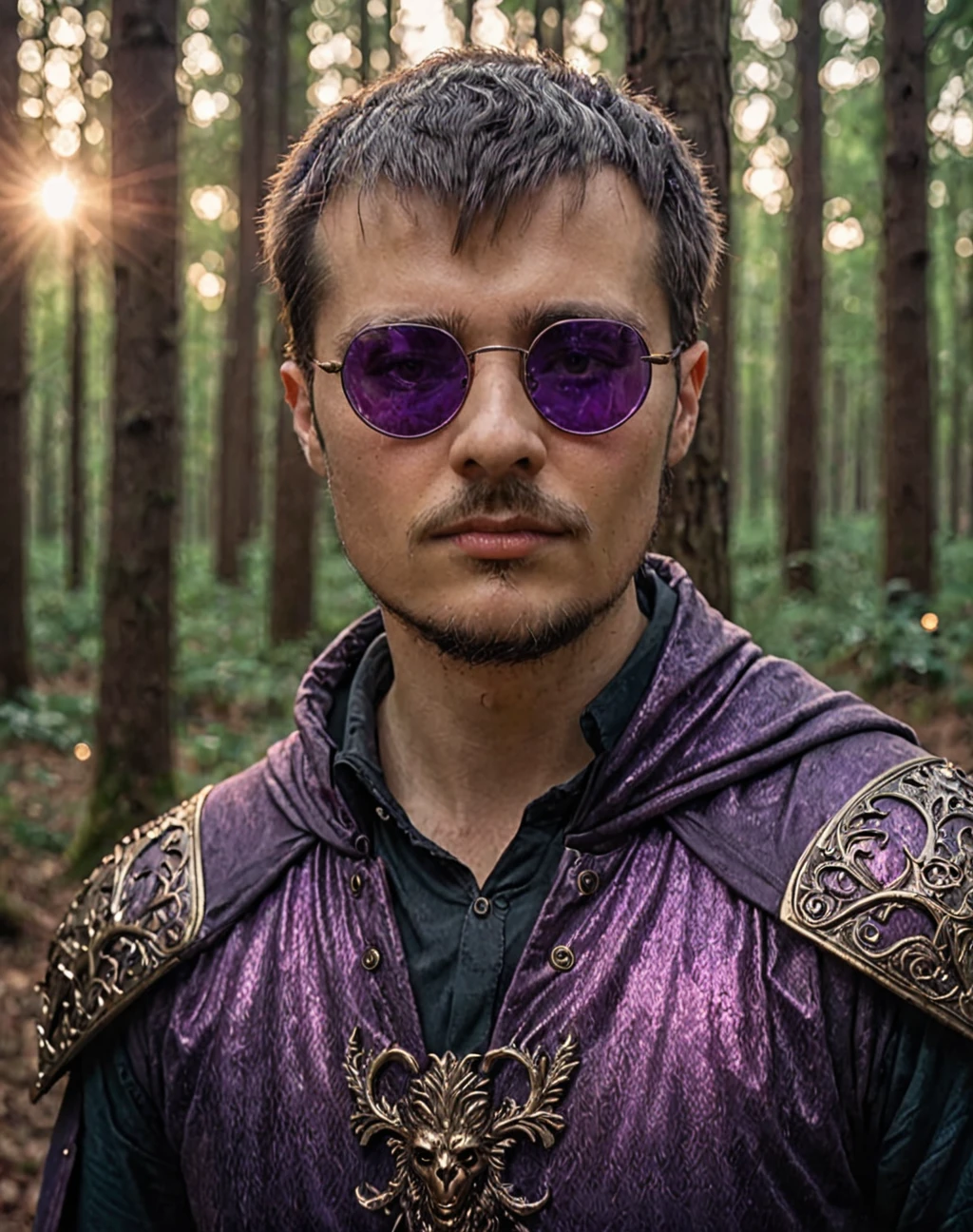 ErwanB with medieval sunglasses looks at the camera, he is in magical twilight forest with a ornemental magical dark purple metallic body, cinematic light, universe, photorealistic, specular light, fantasy world, heroic fantasy, EOS R5, F2.8, cinematic mode