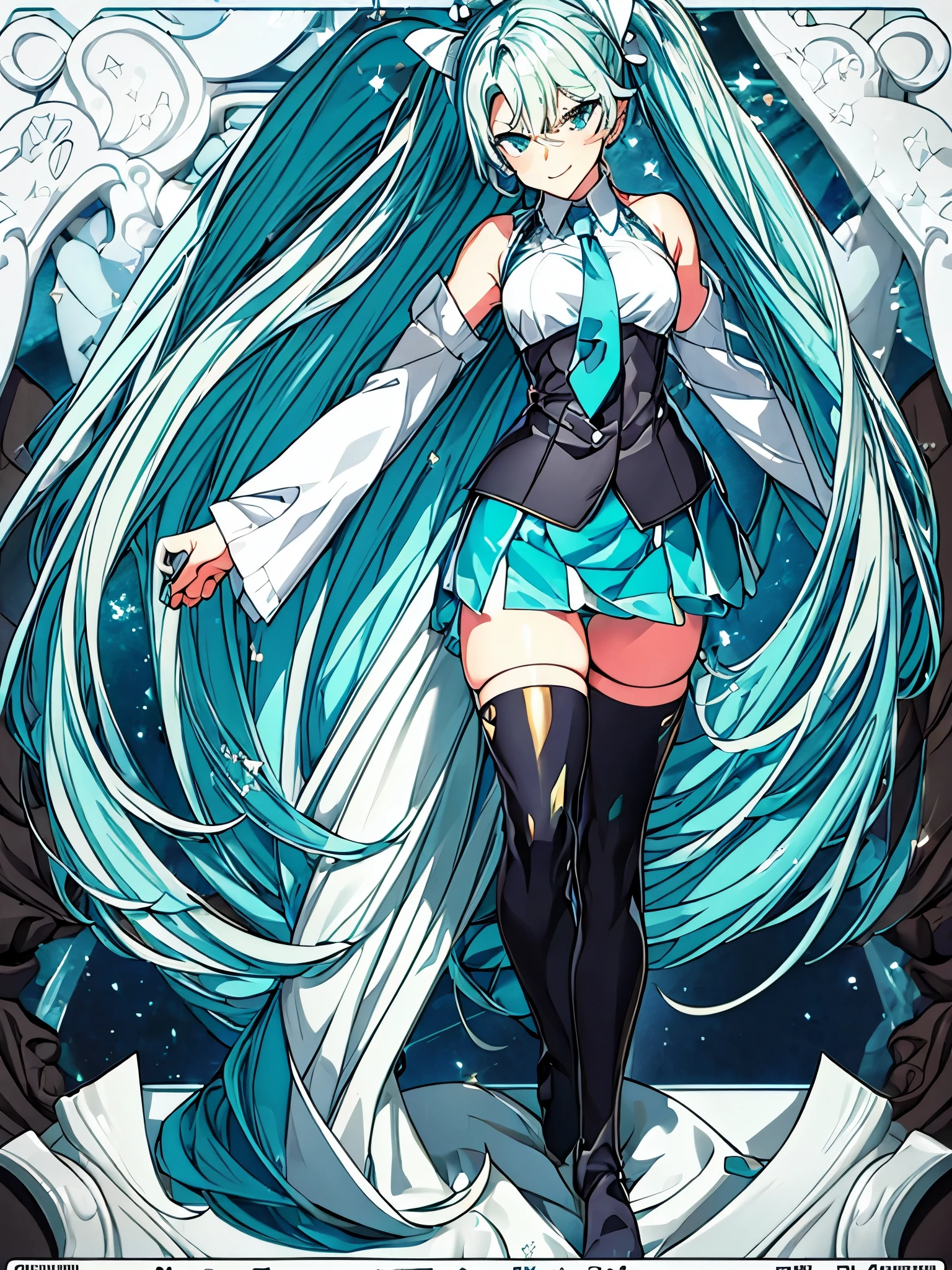 ((masterpiece)),(highest quality),Official Art,Highly detailed CG,unity 8k wallpaper,Super detailed,Lighthouse on top of a cliff by the sea,One girl,alone,Cowboy Shot,Hatsune Miku,View Viewer,Sleeveless shirt,White shirt,fringe,smile,Black knee socks,Hair between the eyes,Twin tails,Very long hair,Aqua Eye,Aqua Hair,Removable sleeves,mini skirt,aqua necktie,Thigh-high boots,