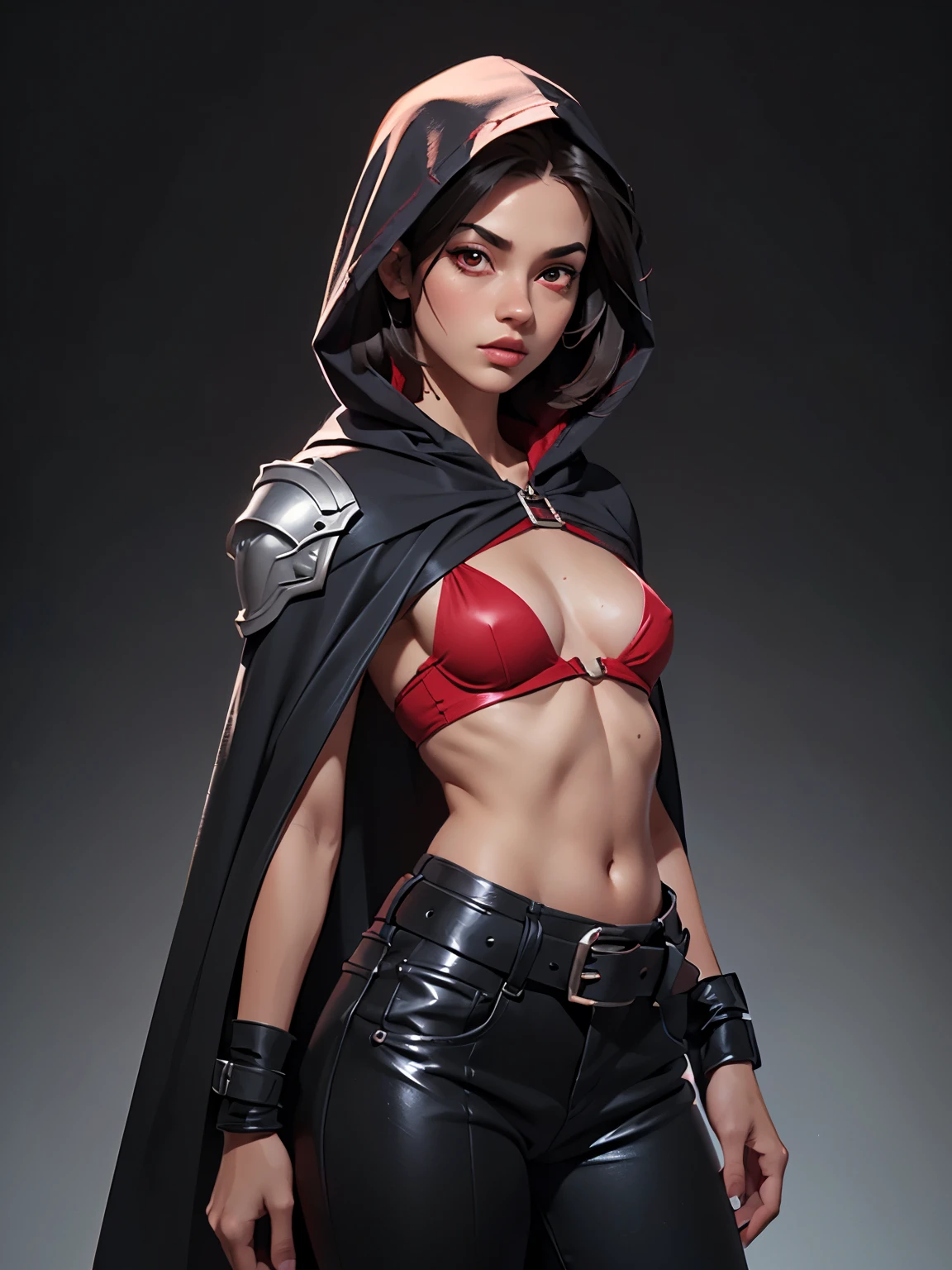 one girl, solo, (bust, upper body, front view:1.2), concept art, assassin, hood, cloak, black hair, red eyes, belts, shoulder-belts, (tiny breasts, small breasts, male chest, naked breasts:1.3), (masterpiece, highly detailed, look at viewer, shiny blured grey background, gradient sprayed background, blured background:1.2)