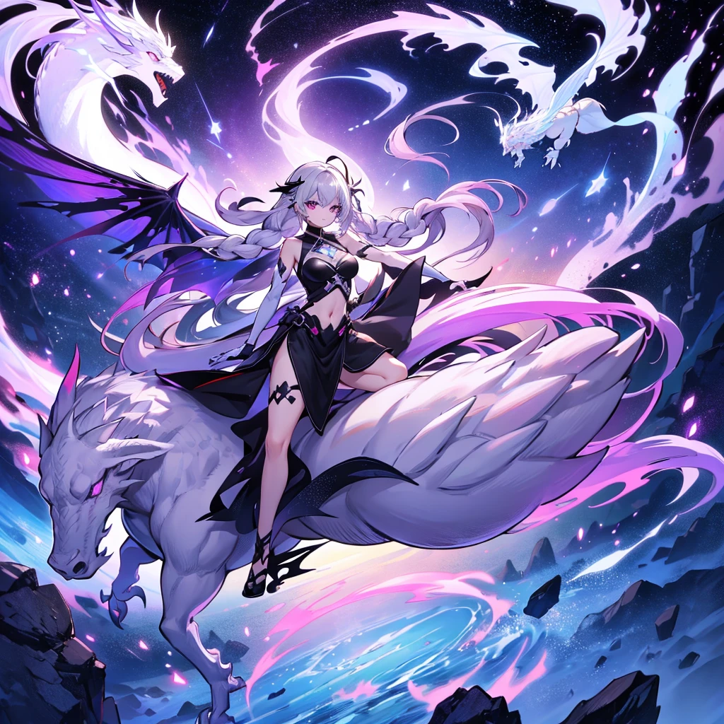 A couple is riding on the back of a white dragon、highest quality、Masterpiece、Official Art、Award-winning works、The best composition、A couple is riding on the back of a white dragon、Picture facing the viewer、god々Shii、yinji,1girl,solo, purple eyes, long hair, twin braids, purple hair, multicolored hair, elbow gloves, bangs, very long hair,bare shoulders, black skirt, grey hair, dress, smile, side cutout,covered navel, star、流star群、universe、A powerful white dragon in the background、