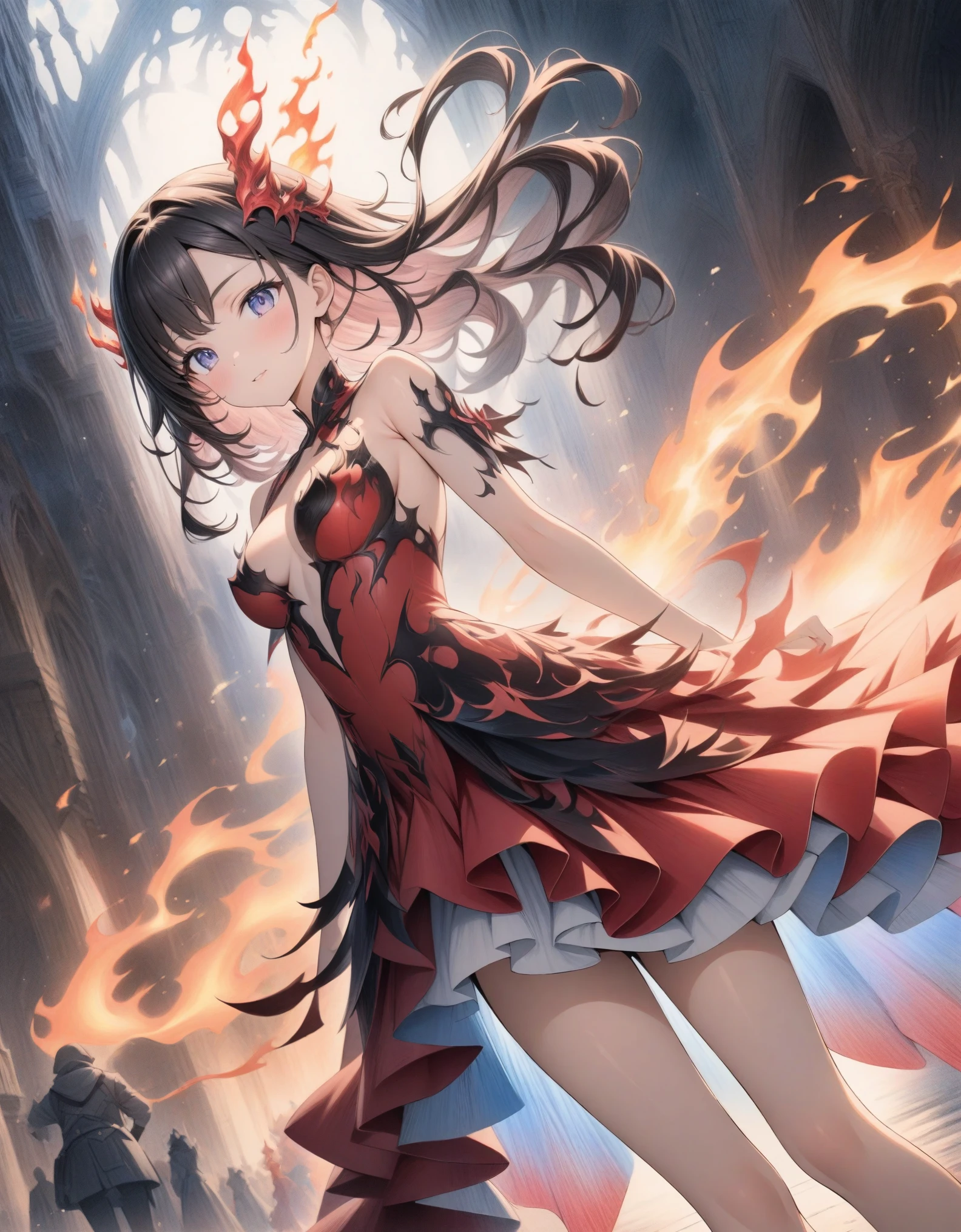 ((style:Colored pencil,pale colour)),(anime)、(masterpiece:1.2),atmospheric perspective,lens flare、Princess of Flame、Otherworldly fantasy、cute、Flames swirling all around、Red costume inspired by flames、Light effects、Fire effect