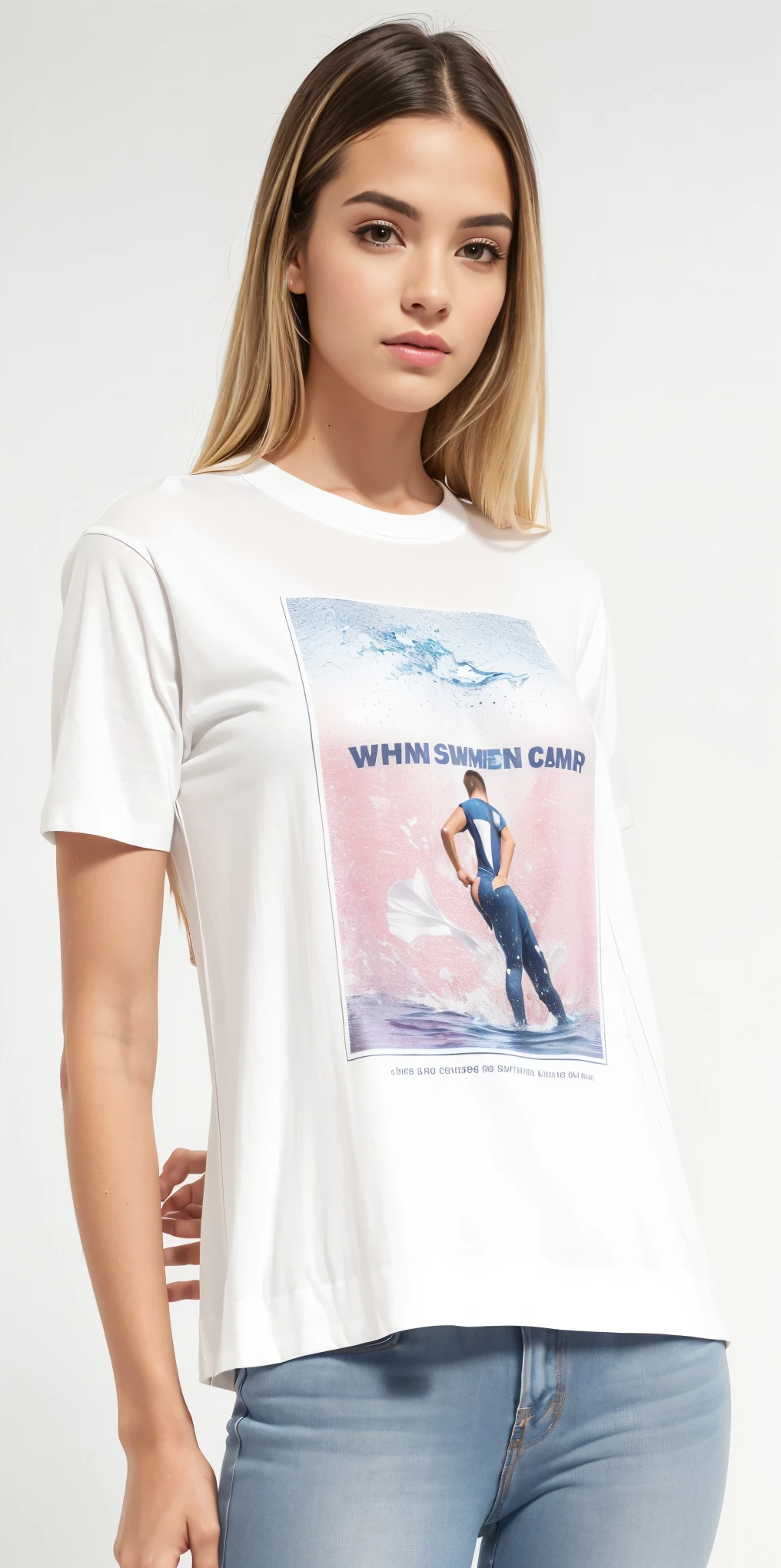 a woman wearing a white camiseta with a picture of a person swimming, graphic t-shirts, graphic print, camiseta branca, tee shirt graphic, Camiseta, camiseta, Manga curta, white Camiseta, white camiseta, complete view, printed on a cream linen Camiseta, roupas brancas, wet Camiseta