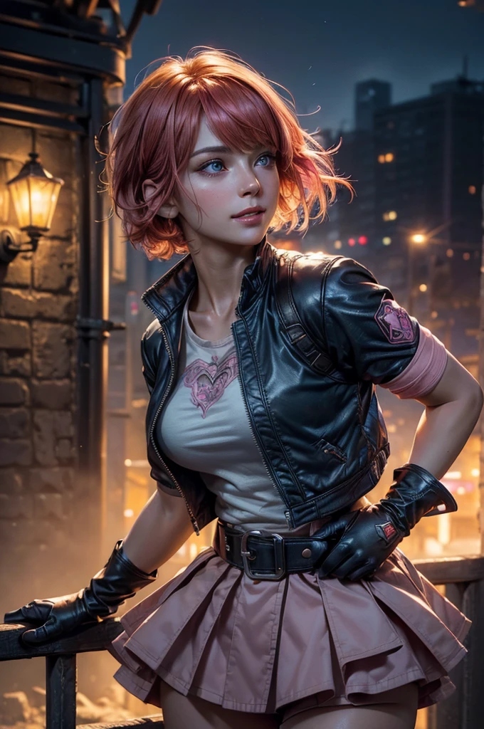 (masterpiece,stunning girlfriend, (standing:1.1), dynamic pose, heart shaped face, elegant face, beautiful face, highly detailed face, highly detailed skin, skin pores, subsurface scattering, realistic pupils, looking at viewer, full lips, detailed background, depth of field, atmospheric perspective, volumetric lighting, sharp focus, absurdres, realistic proportions, good anatomy, (realistic, hyperrealistic:1.4), 16k hdr, 1girl,cowboy shot, beautiful nora_valkyrie, looking at viewer, smile, short hair, blue eyes,heart design on t-shirt, gloves, jacket, pink skirt, pink belt, short sleeves, puffy sleeves, single armband, fingerless gloves, orange hair, pink gloves, dynamic pose, night, outdoors, city, (volumetric lighting), best quality, masterpiece, intricate details, tonemapping, sharp focus, hyper detailed, trending on Artstation,