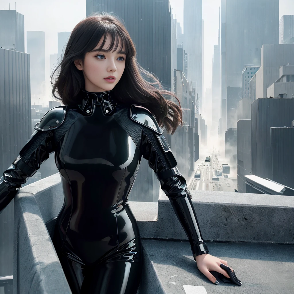 (1girl:1.3), Solo, (((Very detailed face)))), ((Very detailed eyes and face)))), Beautiful detail eyes, Body parts__, Official art, Unified 8k wallpaper, Super detailed, beautiful and beautiful, beautiful, masterpiece, best quality, original, masterpiece, super fine photo, best quality, super high resolution, realistic realism, sunlight, full body portrait, amazing beauty, dynamic pose, delicate face, vibrant eyes, (from the front), She wears Black Latex suit, black color scheme, latex, very detailed city roof background, rooftop, overlooking the city, detailed face, detailed complex busy background, messy, gorgeous, milky white, highly detailed skin, realistic skin details, visible pores, clear focus, volumetric fog, 8k uhd, DSLR, high quality, film grain, fair skin, photo realism, lomography, futuristic dystopian megalopolis, translucent