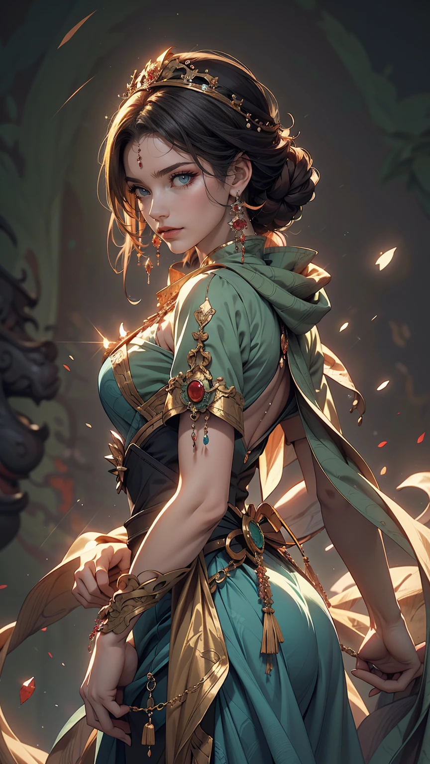 Woman in a blue dress with a long green scarf, Beautiful character drawings, Beautiful Fantasy Empress, by ヤン・J, style of ArtJam, ArtJam and ruan jia, extremely detailed ArtJam, trending ArtJam, ArtJam. Anime illustration, ruan jia and ArtJam, Inspired by Fuhua, ArtJam detailed