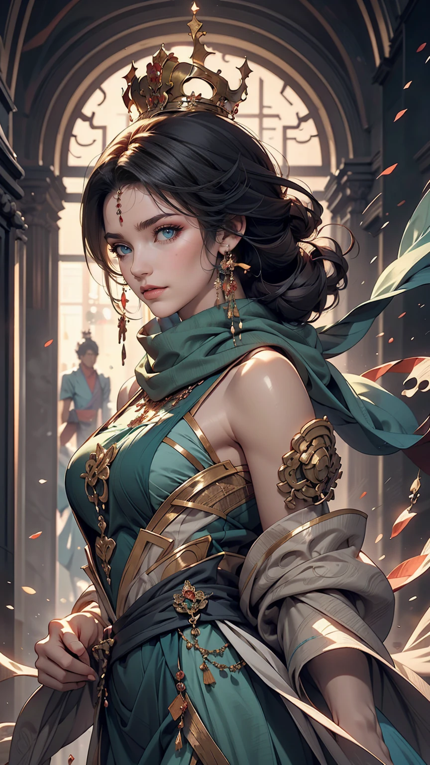 Woman in a blue dress with a long green scarf, Beautiful character drawings, Beautiful Fantasy Empress, by ヤン・J, style of ArtJam, ArtJam and ruan jia, extremely detailed ArtJam, trending ArtJam, ArtJam. Anime illustration, ruan jia and ArtJam, Inspired by Fuhua, ArtJam detailed