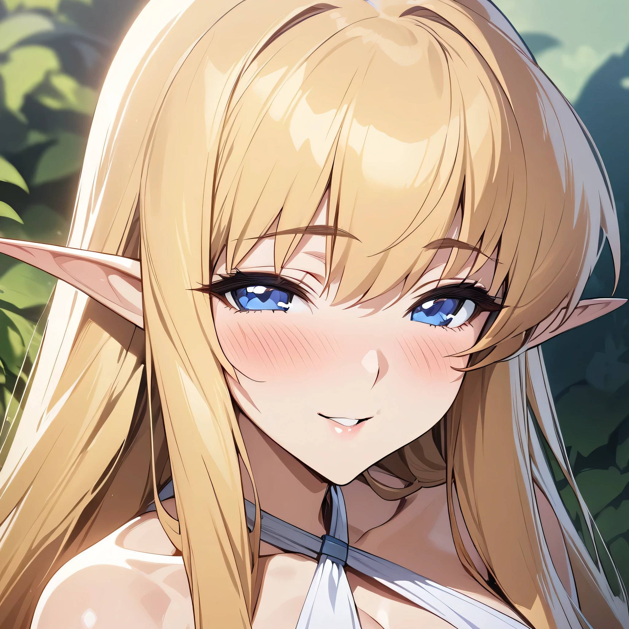 (masterpiece),(best quality),(ultra-detailed),(best illustration),(best shadow),(absurdres),(detailed background),(very aesthetic), tiffania westwood, 1girl, solo, breasts, pointy ears, long hair, elf, blonde hair, blue eyes, huge breasts, blush, halterneck, portrait, close-up, seductive smile, 