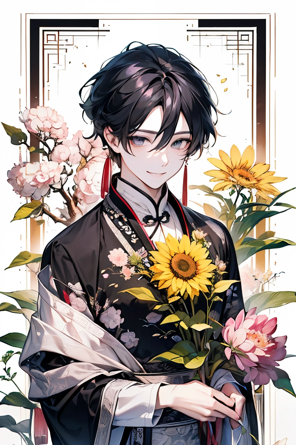 (A calm man in his 40s:1.45)、(masterpiece、highest quality、highest quality、Beautiful and beautiful:1.2)、(Good anatomy:1.5)、(high quality、clear image)、Painting of a man with black longhair、Shy smile、Sparkling Shiny Eyes、(dark eyes)、(looking  down:1.3)、(sunny days:1.45)、(black、pink、orange、cream:1.2)、(Chinese hanfu man:1.25)、(Chinese Garden:1.3)、(Tea utensils)、(Elegant tea ceremony:1.2)、green、yellow、purple、((smile:1.1))