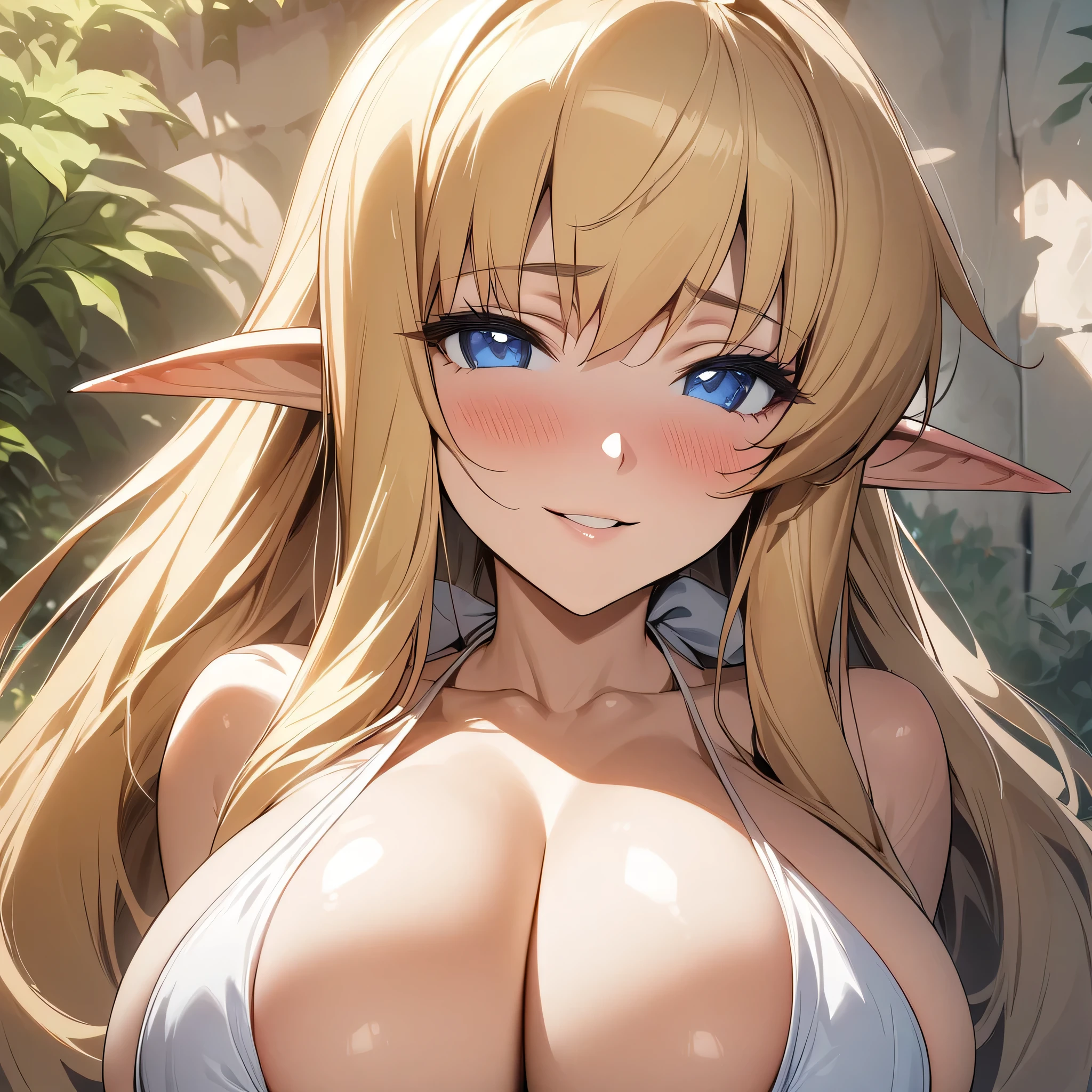 (masterpiece),(best quality),(ultra-detailed),(best illustration),(best shadow),(absurdres),(detailed background),(very aesthetic), tiffania westwood, 1girl, solo, breasts, pointy ears, long hair, elf, blonde hair, blue eyes, huge breasts, blush, halterneck, portrait, close-up, seductive smile, 