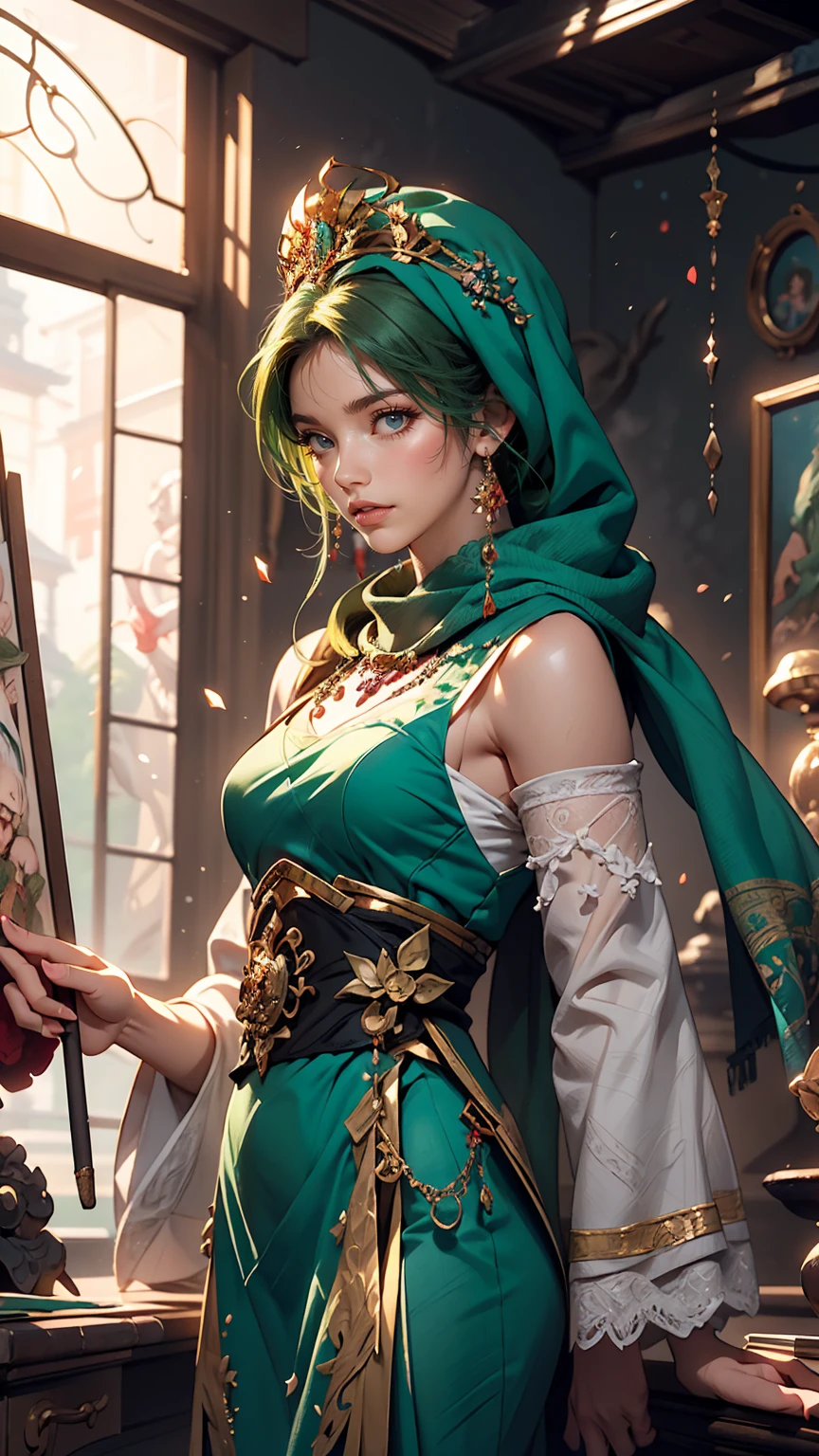 Woman in a blue dress with a long green scarf, Beautiful character drawings, Beautiful Fantasy Empress, by ヤン・J, style of ArtJam, ArtJam and ruan jia, extremely detailed ArtJam, trending ArtJam, ArtJam. Anime illustration, ruan jia and ArtJam, Inspired by Fuhua, ArtJam detailed