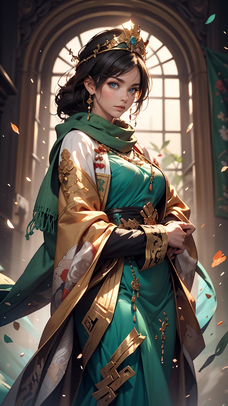 Woman in a blue dress with a long green scarf, Beautiful character drawings, Beautiful Fantasy Empress, by ヤン・J, style of ArtJam, ArtJam and ruan jia, extremely detailed ArtJam, trending ArtJam, ArtJam. Anime illustration, ruan jia and ArtJam, Inspired by Fuhua, ArtJam detailed
