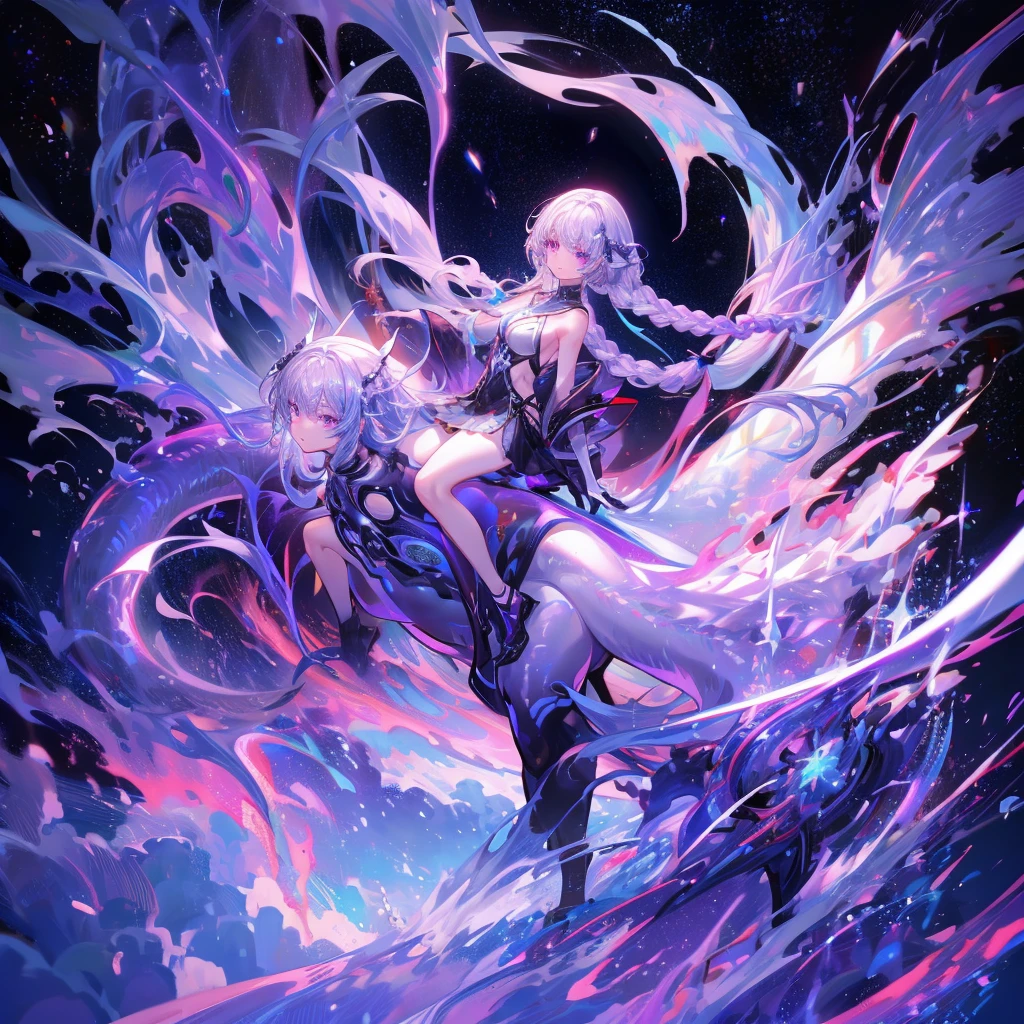 cinematic lighting, floating hair, soft smile, profile, lightning, thunderbolt, pale purple hair, purple tone.