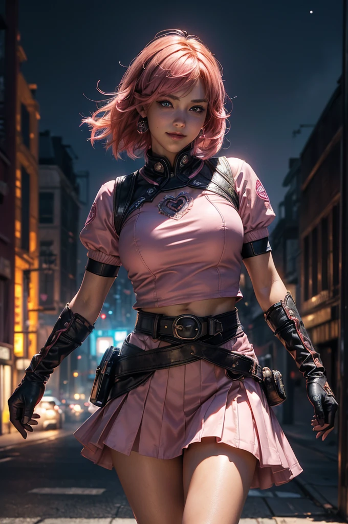 (masterpiece,stunning girlfriend, (standing:1.1), dynamic pose, heart shaped face, elegant face, beautiful face, highly detailed face, highly detailed skin, skin pores, subsurface scattering, realistic pupils, looking at viewer, full lips, detailed background, depth of field, atmospheric perspective, volumetric lighting, sharp focus, absurdres, realistic proportions, good anatomy, (realistic, hyperrealistic:1.4), 16k hdr, 1girl,cowboy shot, beautiful nora_valkyrie, looking at viewer, smile, short hair, blue eyes,heart design on t-shirt, gloves, jacket, pink skirt, pink belt, short sleeves, puffy sleeves, single armband, fingerless gloves, orange hair, pink gloves, dynamic pose, night, outdoors, city, (volumetric lighting), best quality, masterpiece, intricate details, tonemapping, sharp focus, hyper detailed, trending on Artstation,