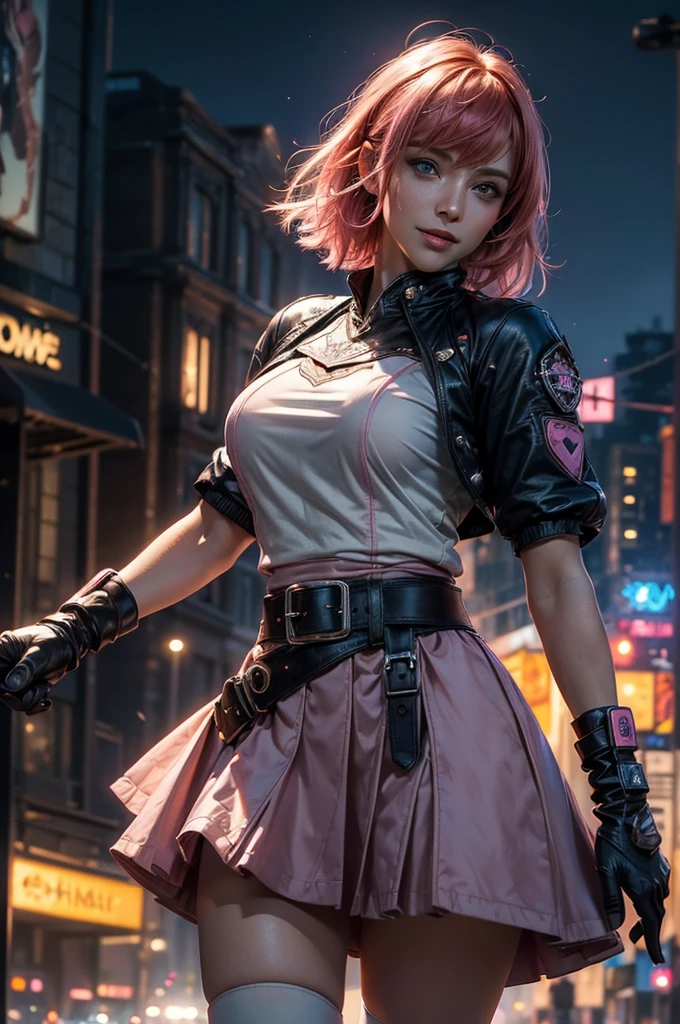 (masterpiece,stunning girlfriend, (standing:1.1), dynamic pose, heart shaped face, elegant face, beautiful face, highly detailed face, highly detailed skin, skin pores, subsurface scattering, realistic pupils, looking at viewer, full lips, detailed background, depth of field, atmospheric perspective, volumetric lighting, sharp focus, absurdres, realistic proportions, good anatomy, (realistic, hyperrealistic:1.4), 16k hdr, 1girl,cowboy shot, beautiful nora_valkyrie, looking at viewer, smile, short hair, blue eyes,heart design on t-shirt, gloves, jacket, pink skirt, pink belt, short sleeves, puffy sleeves, single armband, fingerless gloves, orange hair, pink gloves, dynamic pose, night, outdoors, city, (volumetric lighting), best quality, masterpiece, intricate details, tonemapping, sharp focus, hyper detailed, trending on Artstation,
