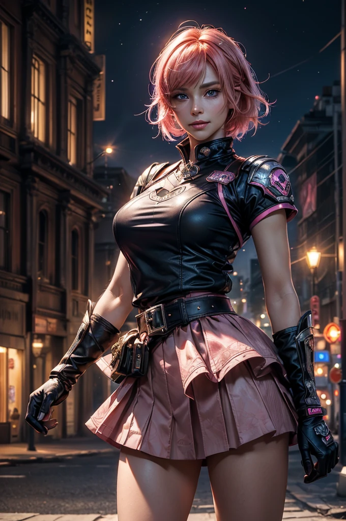 (masterpiece,stunning girlfriend, (standing:1.1), dynamic pose, heart shaped face, elegant face, beautiful face, highly detailed face, highly detailed skin, skin pores, subsurface scattering, realistic pupils, looking at viewer, full lips, detailed background, depth of field, atmospheric perspective, volumetric lighting, sharp focus, absurdres, realistic proportions, good anatomy, (realistic, hyperrealistic:1.4), 16k hdr, 1girl,cowboy shot, beautiful nora_valkyrie, looking at viewer, smile, short hair, blue eyes,heart design on t-shirt, gloves, jacket, pink skirt, pink belt, short sleeves, puffy sleeves, single armband, fingerless gloves, orange hair, pink gloves, dynamic pose, night, outdoors, city, (volumetric lighting), best quality, masterpiece, intricate details, tonemapping, sharp focus, hyper detailed, trending on Artstation,