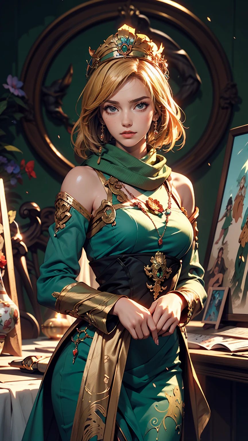 Woman in a blue dress with a long green scarf, Beautiful character drawings, Beautiful Fantasy Empress, by ヤン・J, style of ArtJam, ArtJam and ruan jia, extremely detailed ArtJam, trending ArtJam, ArtJam. Anime illustration, ruan jia and ArtJam, Inspired by Fuhua, ArtJam detailed