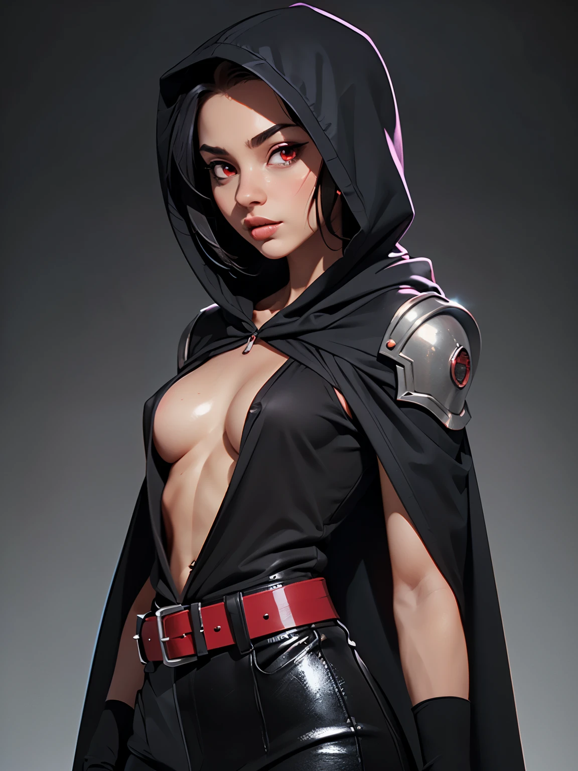 one girl, solo, (bust, upper body, front view:1.2), concept art, assassin, hood, cloak, black hair, red eyes, belts, shoulder-belts, (tiny breasts, small breasts, male chest:1.3), (masterpiece, highly detailed, look at viewer, shiny blured grey background, gradient sprayed background, blured background:1.2)