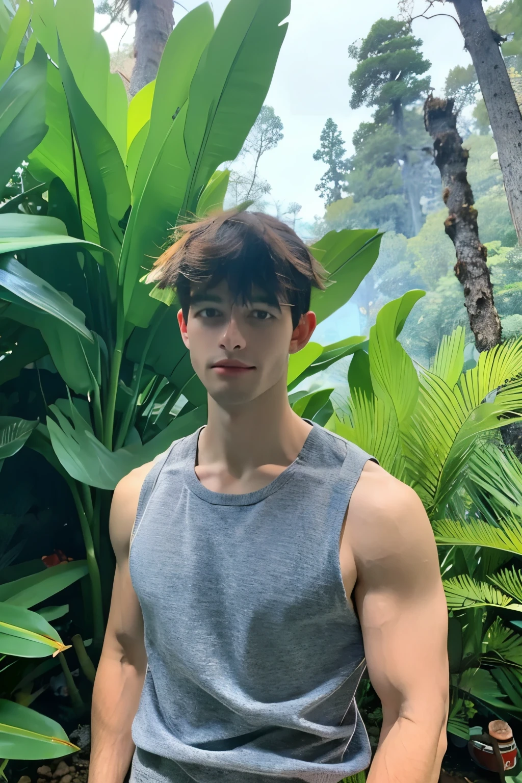 a handsome wearing tank top, upper body, outdoor, 28yo, caucasian, darelljones, ultra realistic, highres, solo, japanese boy, tropical forest, chill vibe, (masterpiece,best quality:1.5)