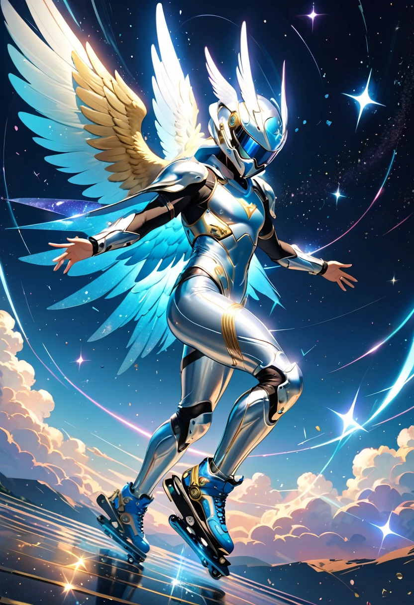 (masterpiece, best quality:1.1),
(ultra highres, ultra-detailed:1.2) ,male,God floating in the air,Bird-shaped helmet,Wings made of silver,rollerblade,Metallic Light bodysuit,(fullbody),divine,beautiful effects,dynamic pose,(Glitter:1.5) ,(blue sparkle:1.5) ,