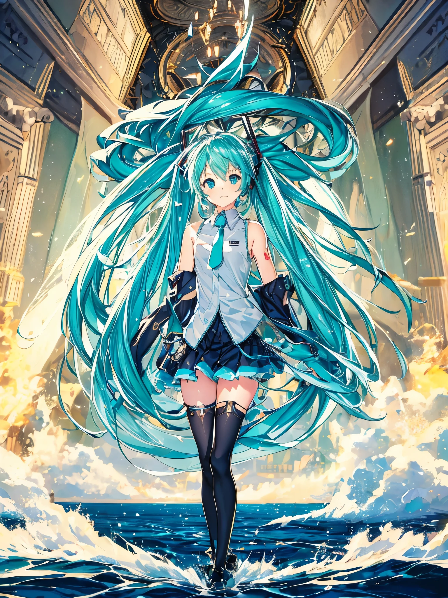 ((masterpiece)),(highest quality),Official Art,Highly detailed CG,unity 8k wallpaper,Super detailed,Lighthouse on top of a cliff by the sea,One girl,alone,Cowboy Shot,Hatsune Miku,View Viewer,Sleeveless shirt,White shirt,fringe,smile,Black knee socks,Hair between the eyes,Twin tails,Very long hair,Aqua Eye,Aqua Hair,Removable sleeves,mini skirt,aqua necktie,Thigh-high boots,