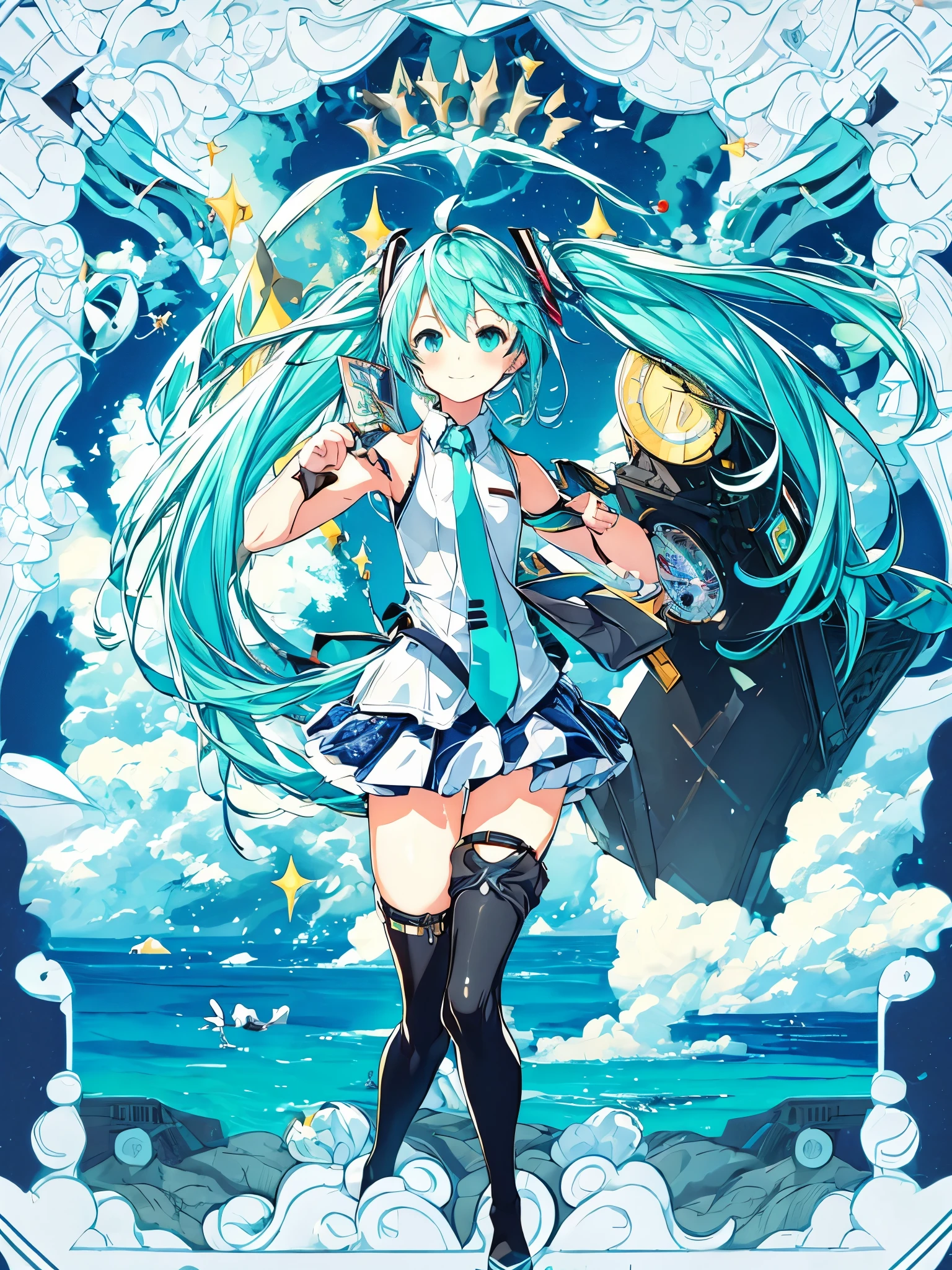 ((masterpiece)),(highest quality),Official Art,Highly detailed CG,unity 8k wallpaper,Super detailed,Lighthouse on top of a cliff by the sea,One girl,alone,Cowboy Shot,Hatsune Miku,View Viewer,Sleeveless shirt,White shirt,fringe,smile,Black knee socks,Hair between the eyes,Twin tails,Very long hair,Aqua Eye,Aqua Hair,Removable sleeves,mini skirt,aqua necktie,Thigh-high boots,