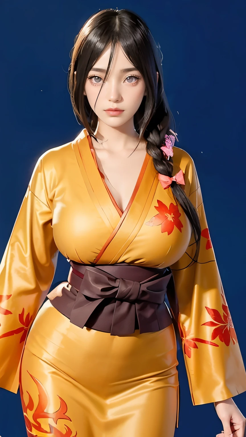 (((Perfect figure,figure,orange kimono, obi,hakama skirt,hana,flame print kimono,(((hyuuga hanabi,low tied long hair,hair bow,))),S-shaped figure:1.7))),((masterpiece)),high resolution, ((Best quality at best)),masterpiece,quality,Best quality,((( Exquisite facial features,looking at the audience,There is light in the eyes,Happy,nterlacing of light and shadow,))),(((looking into camera,black background)))