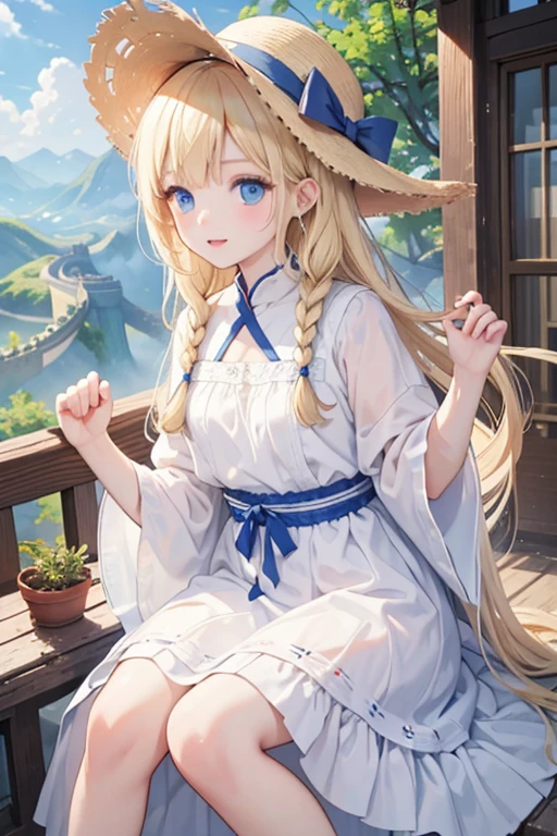 masterpiece, highest quality, High resolution, 、blue eyes、
blonde、Braiding、White Dress、Straw hat、China、In front of the Great Wall