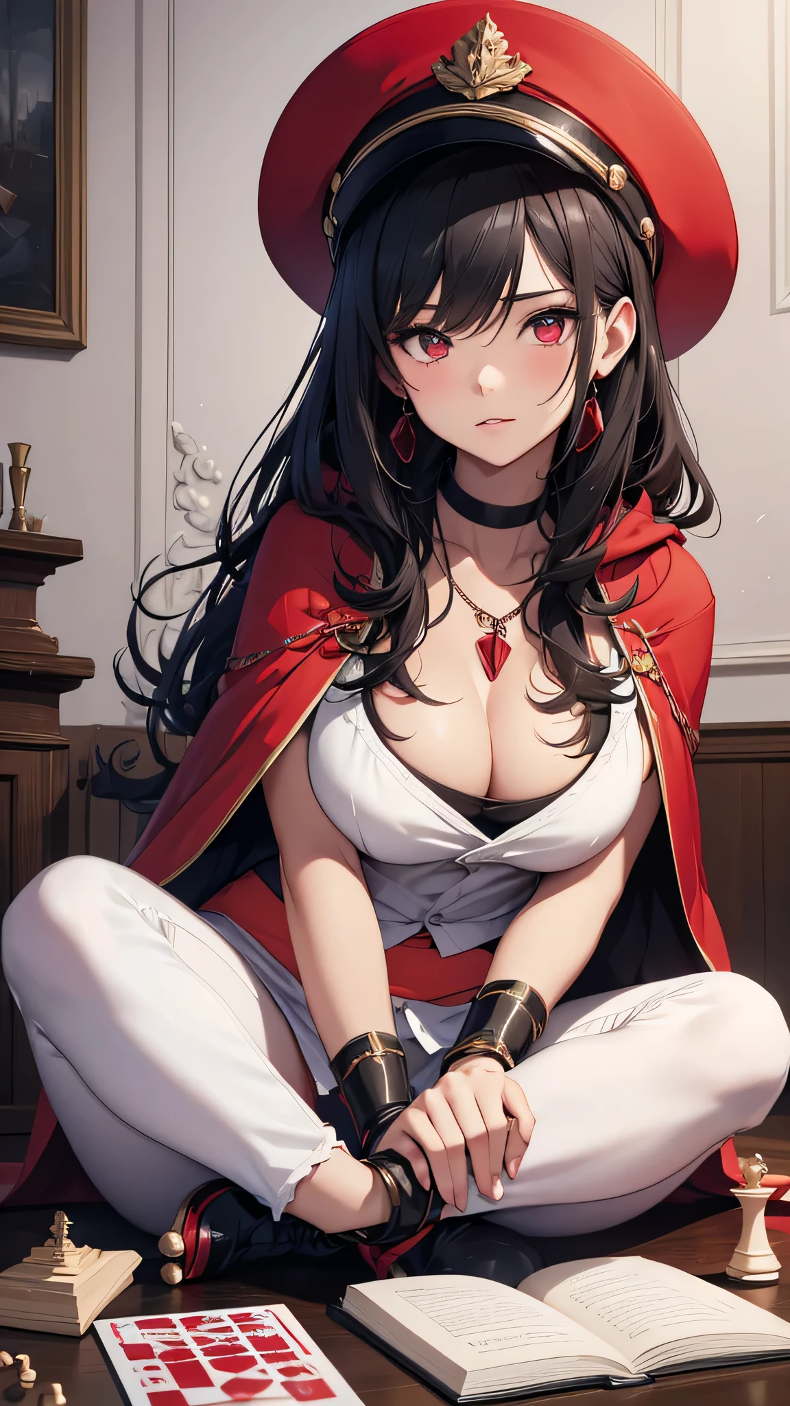 Highest quality、Highest quality、Masterpiece、girl((Metal body,Age 25、as soon as、Highest Bust、Medium Bust、Wide open chest、Red glowing eyes、Black Ear、Red Mesh、Disheveled Hair、Loincloth、thin、The best valley、Open chest、Red Cape、hair ornaments、Full body view、White short-sleeved hoodie、White trousers、Ruby Necklace、No underwear、hat,Intoxication、Sit on a chair、Crossing your legs))、high quality、Beautiful Art、background((night、Red room、Cool chair,Cool chess board、table、red wine))、flight、Flying Debris、Depth of text、movie、Visual Arts、Perfect Art、8K、Genuine、Special Angles